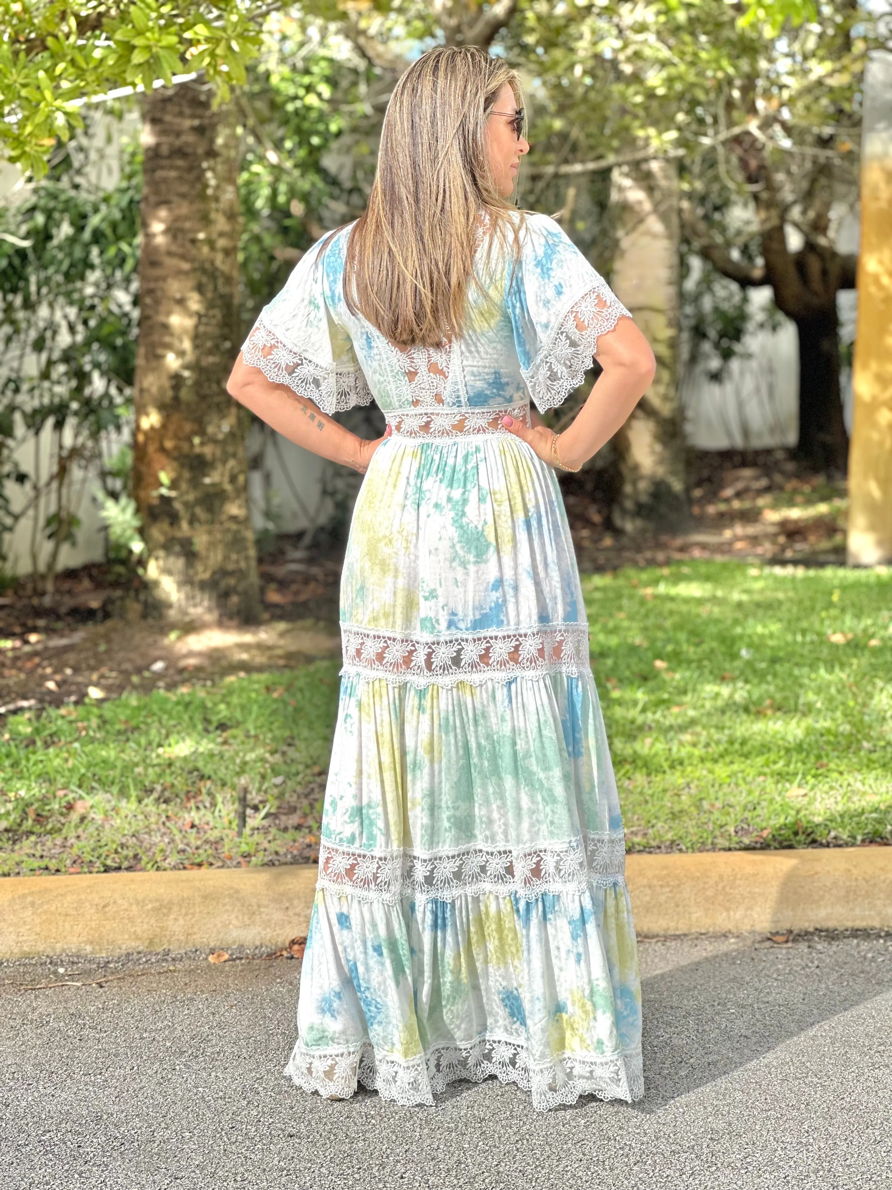 "Alma" Tie Dye V-Neck Angel Sleeve Lace Maxi Dress