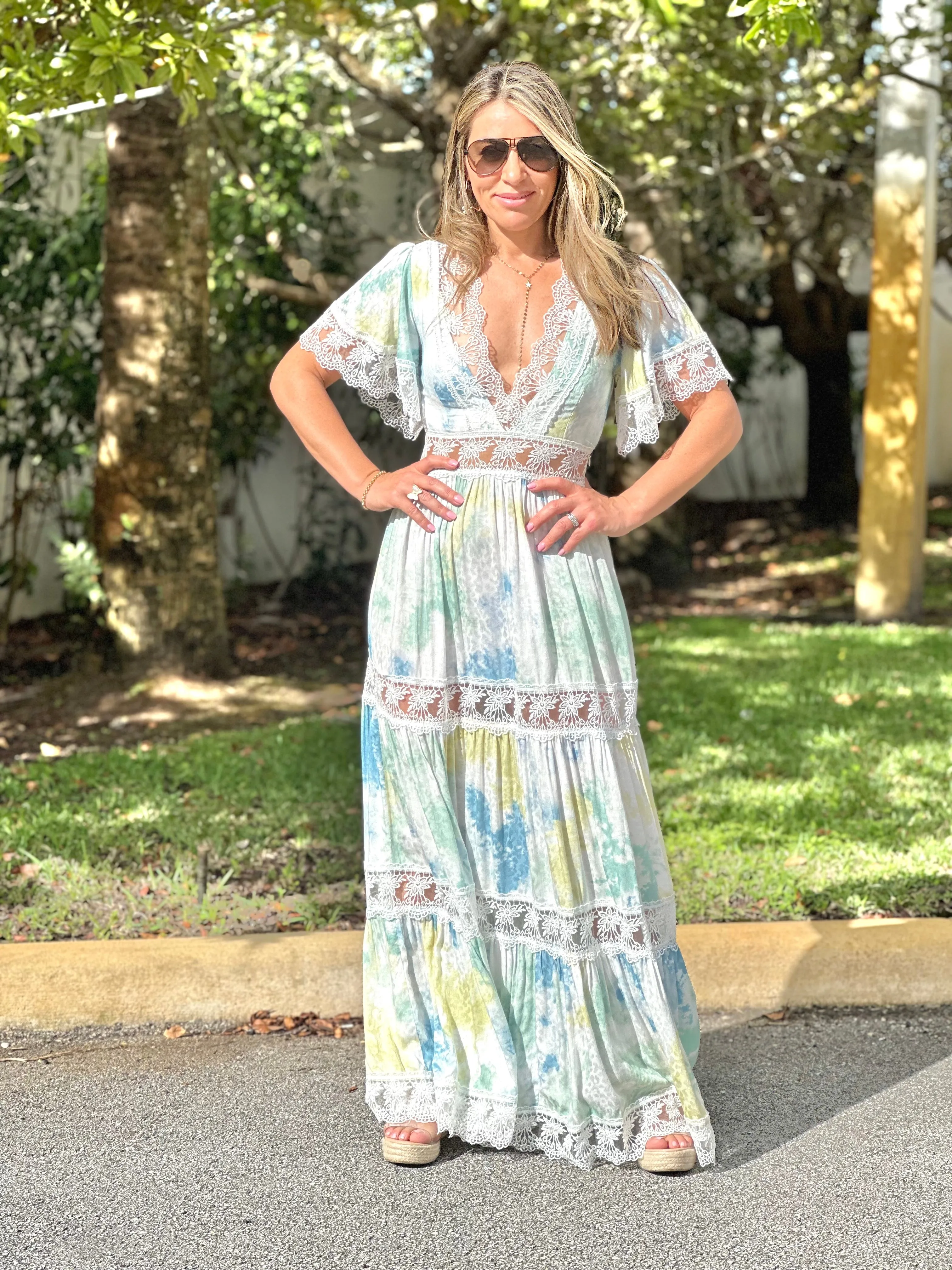 "Alma" Tie Dye V-Neck Angel Sleeve Lace Maxi Dress