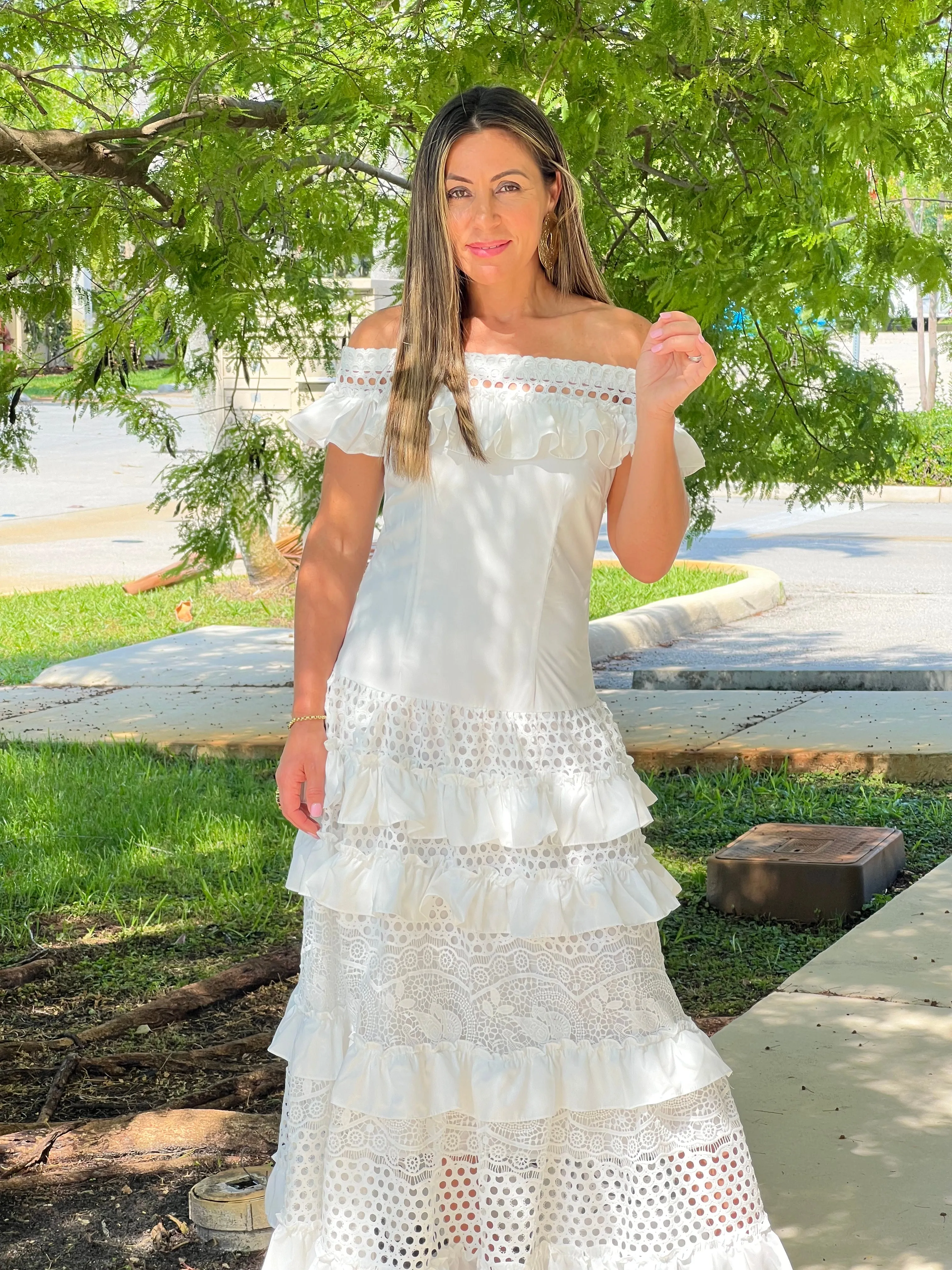 "Belle" Off Shoulder Ruffle Maxi Dress