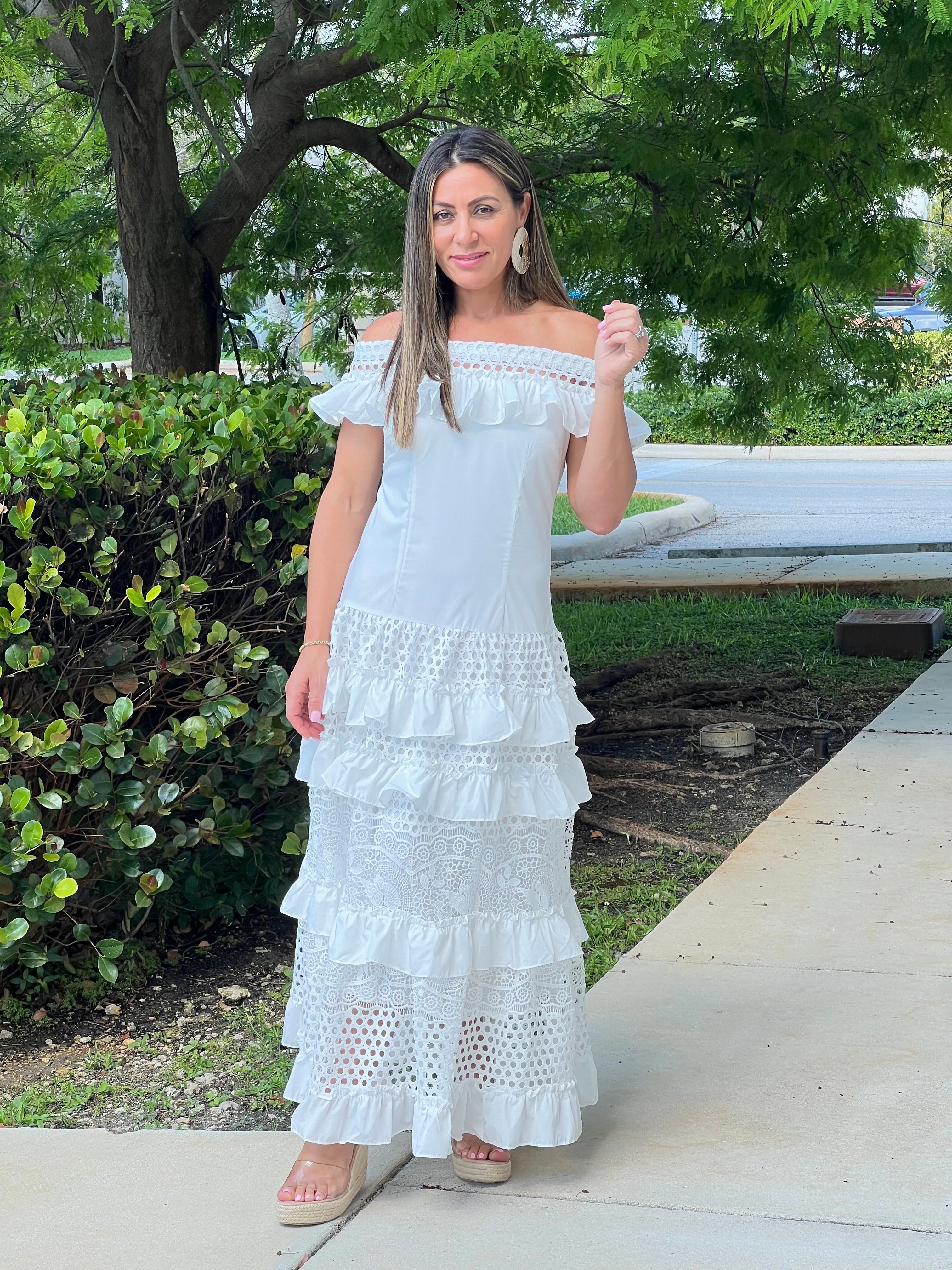 "Belle" Off Shoulder Ruffle Maxi Dress