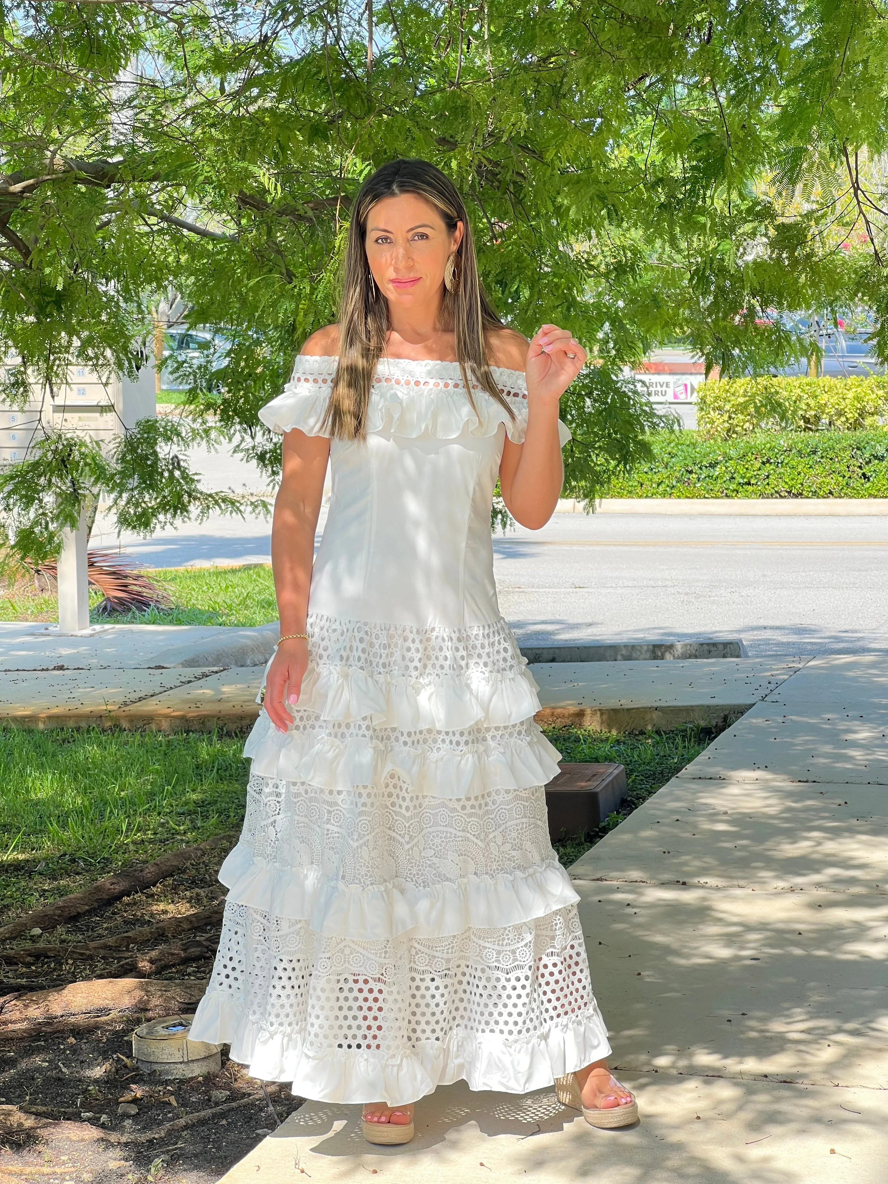 "Belle" Off Shoulder Ruffle Maxi Dress