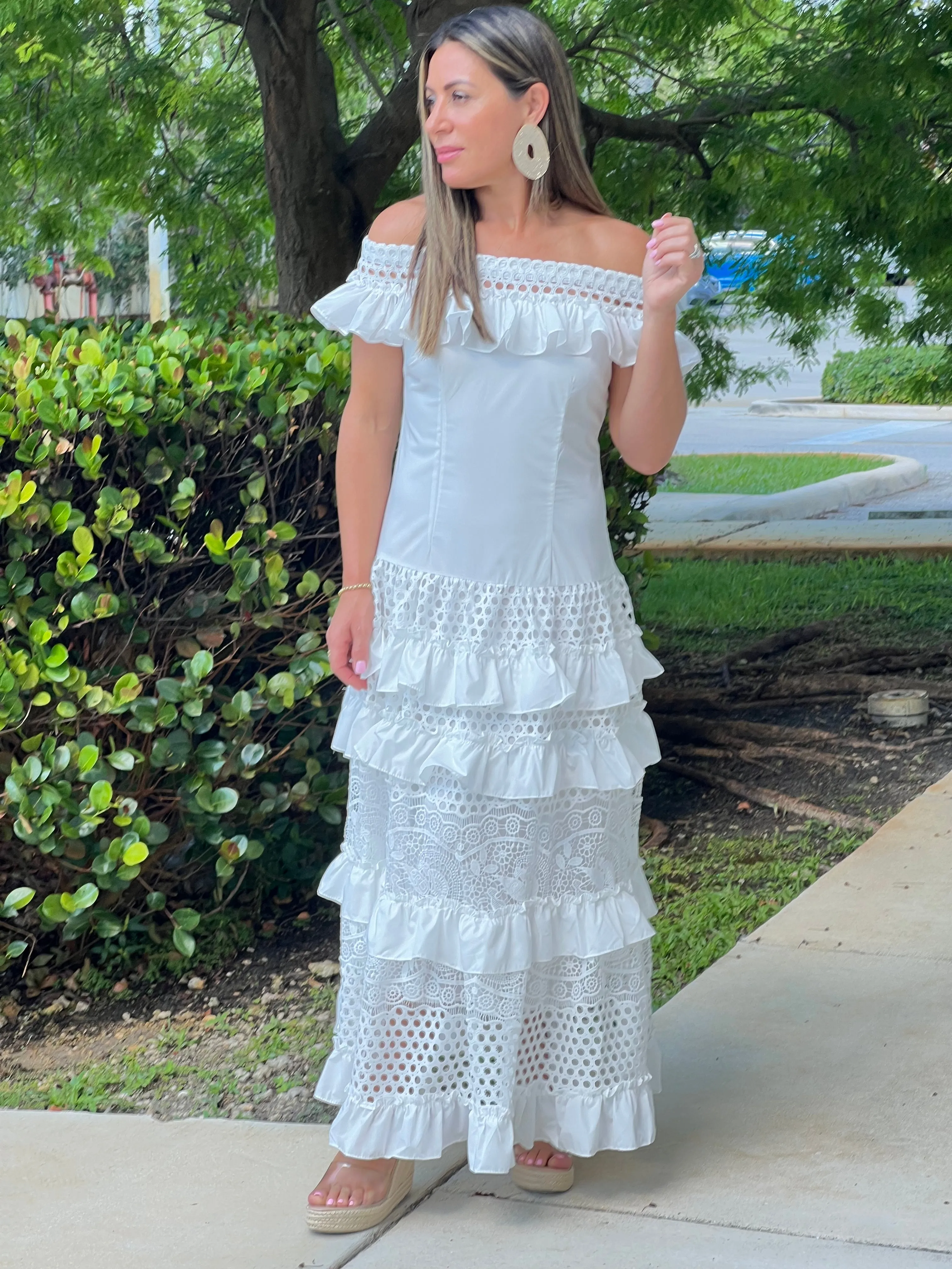 "Belle" Off Shoulder Ruffle Maxi Dress