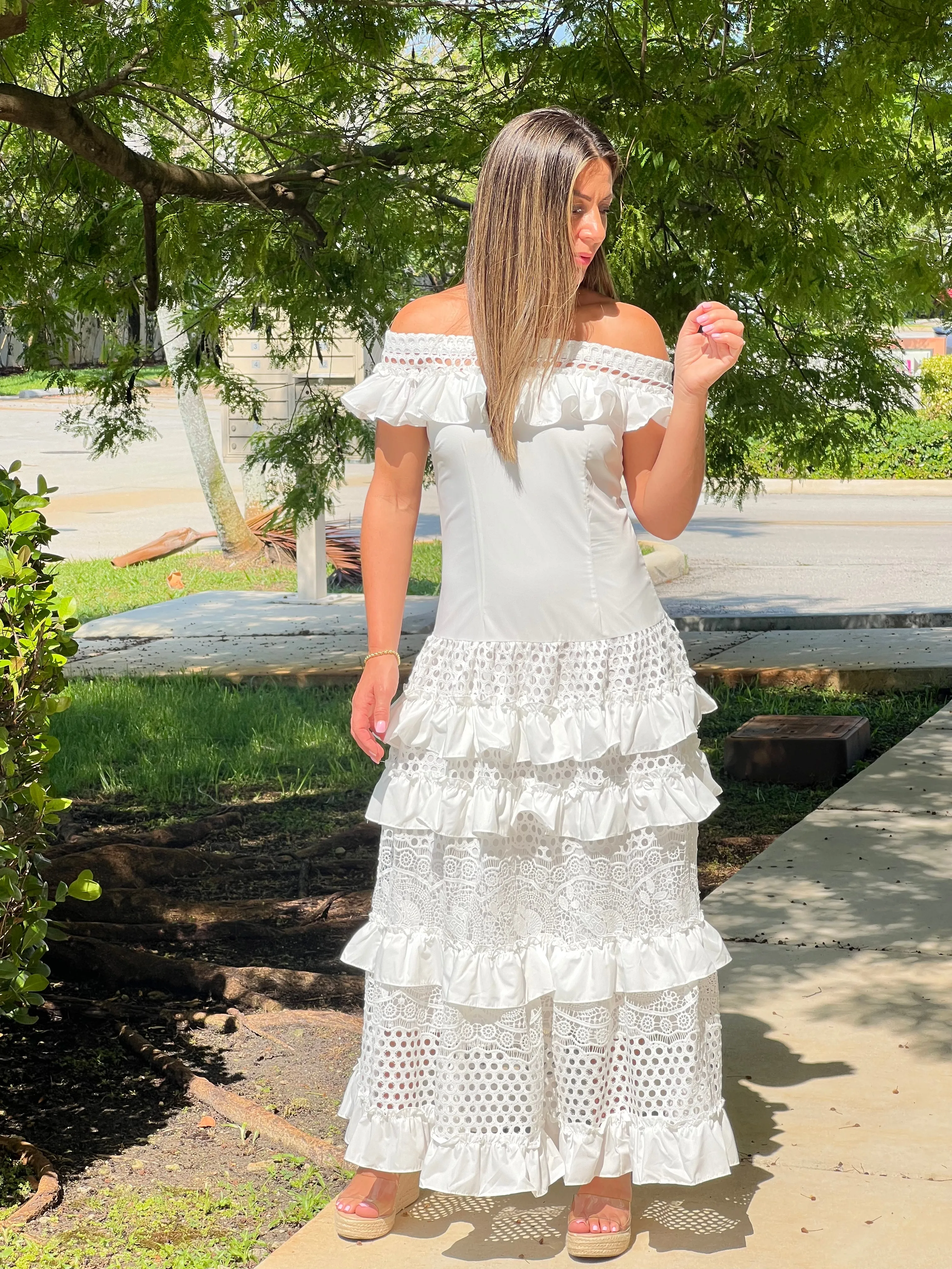 "Belle" Off Shoulder Ruffle Maxi Dress