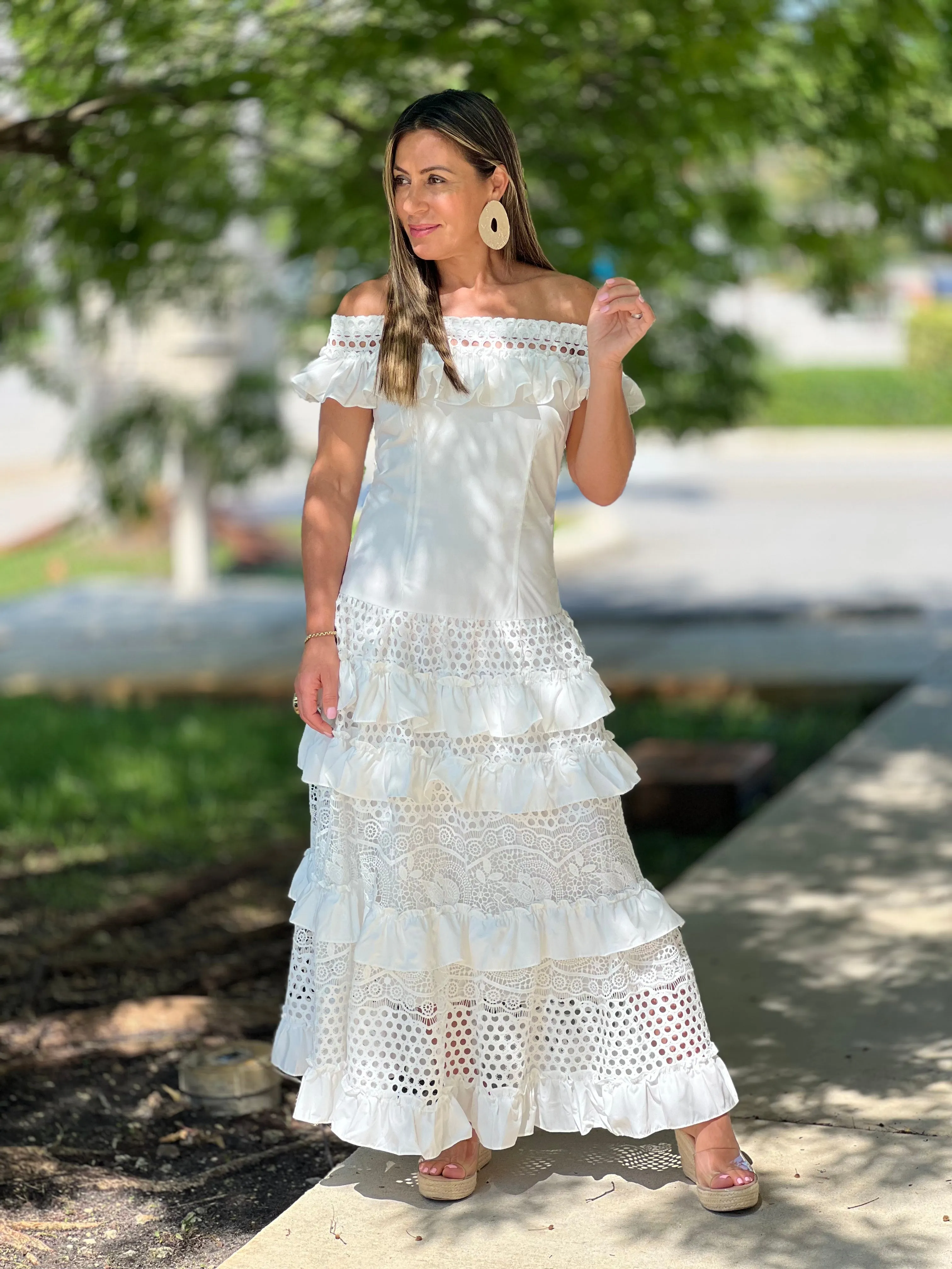 "Belle" Off Shoulder Ruffle Maxi Dress
