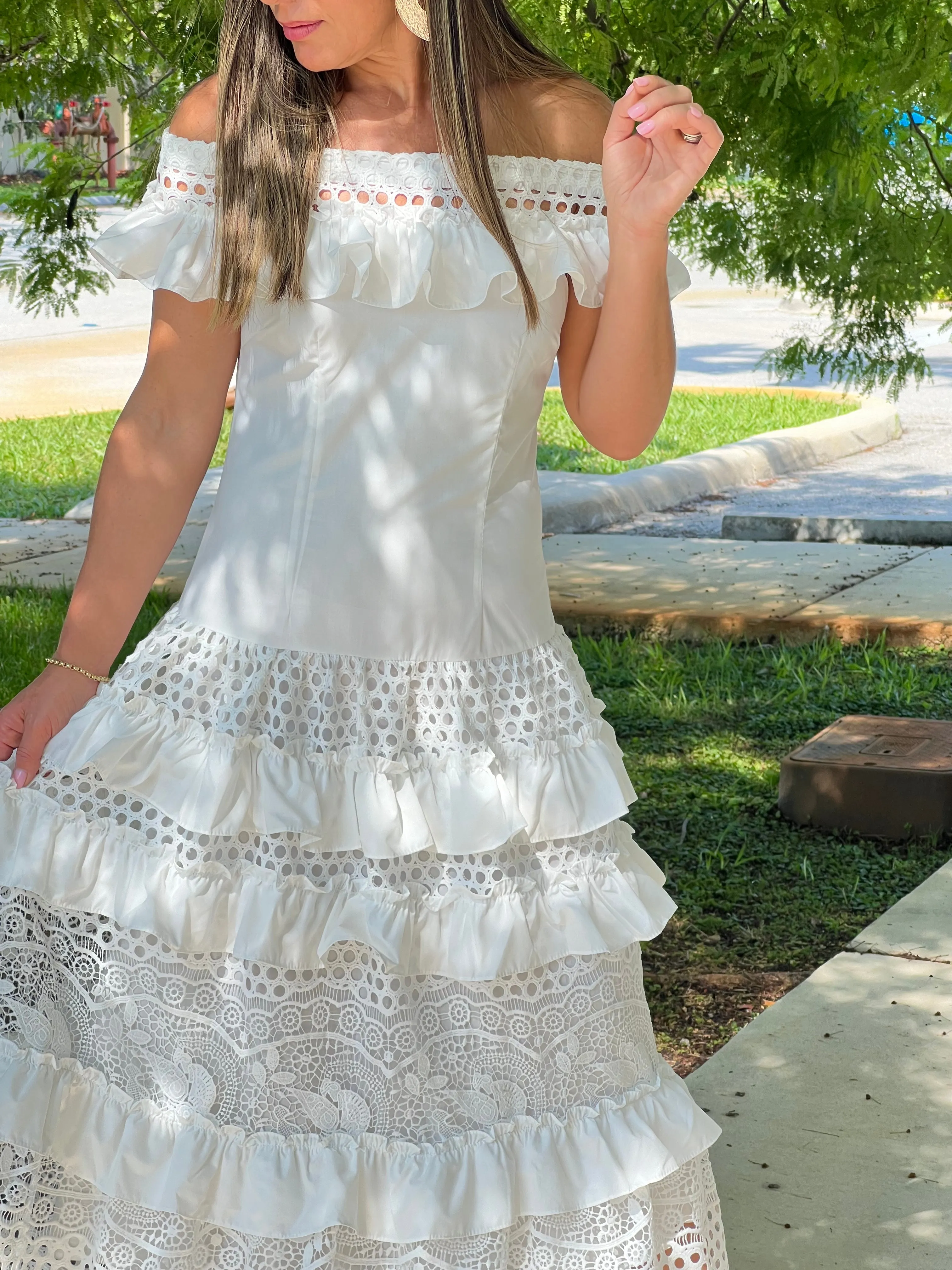 "Belle" Off Shoulder Ruffle Maxi Dress