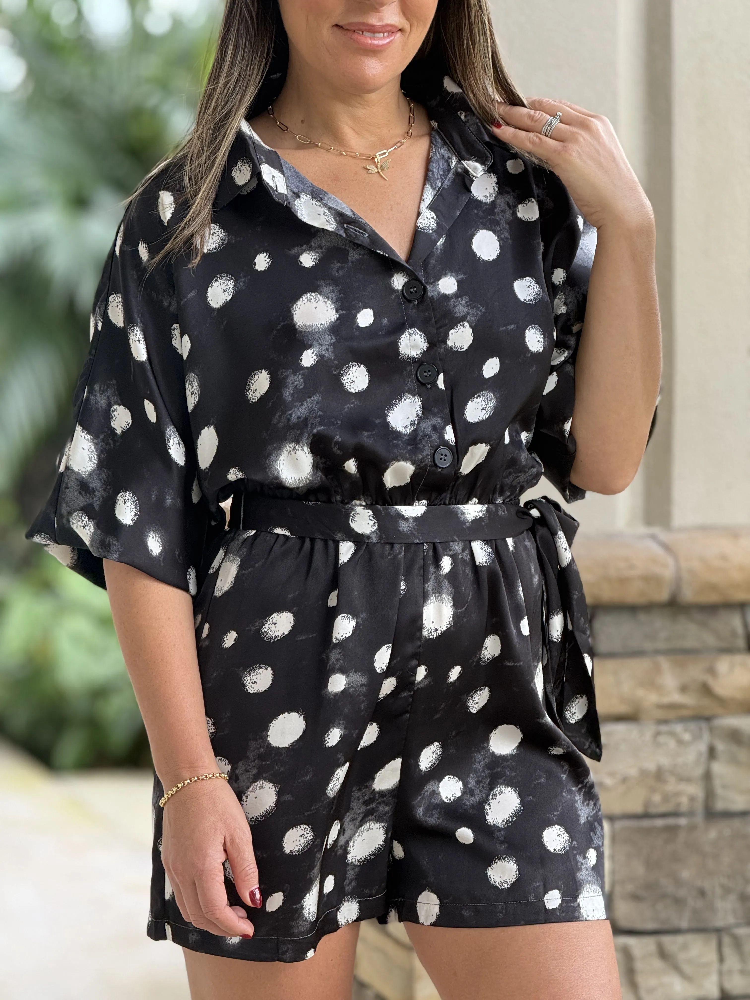 "Layra" Long Sleeve Button Down Elastic Waisted Romper.