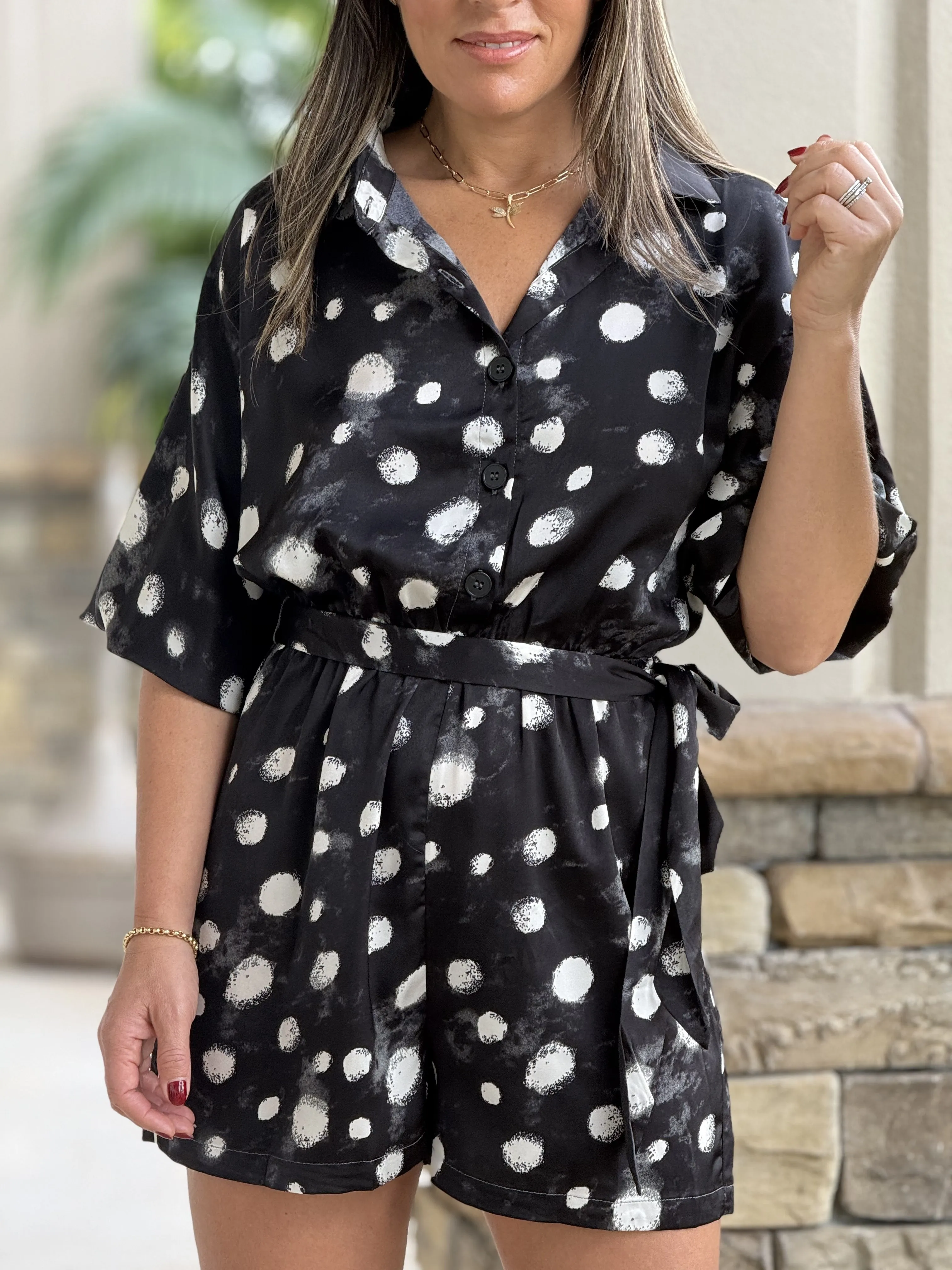 "Layra" Long Sleeve Button Down Elastic Waisted Romper.