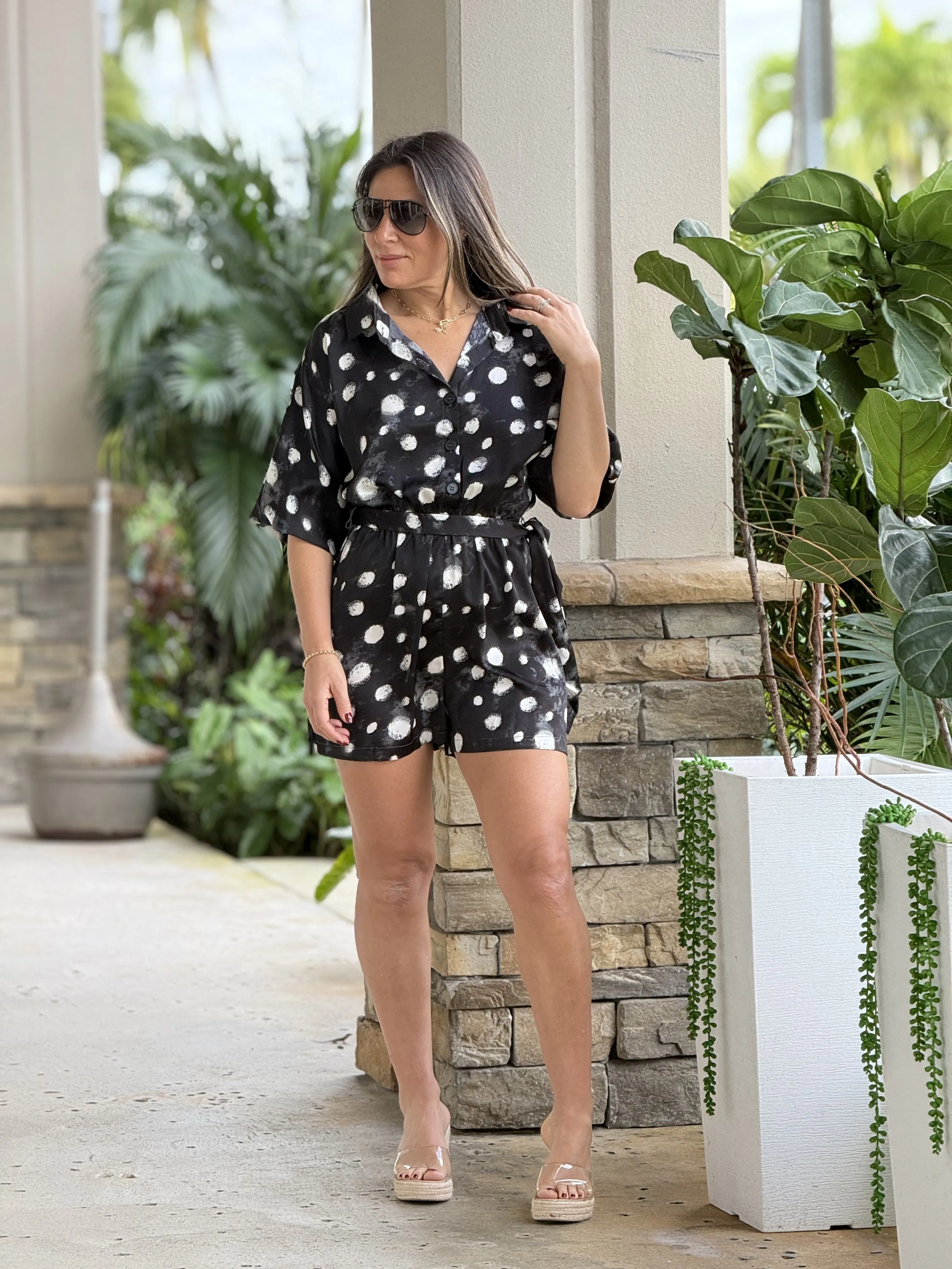 "Layra" Long Sleeve Button Down Elastic Waisted Romper.