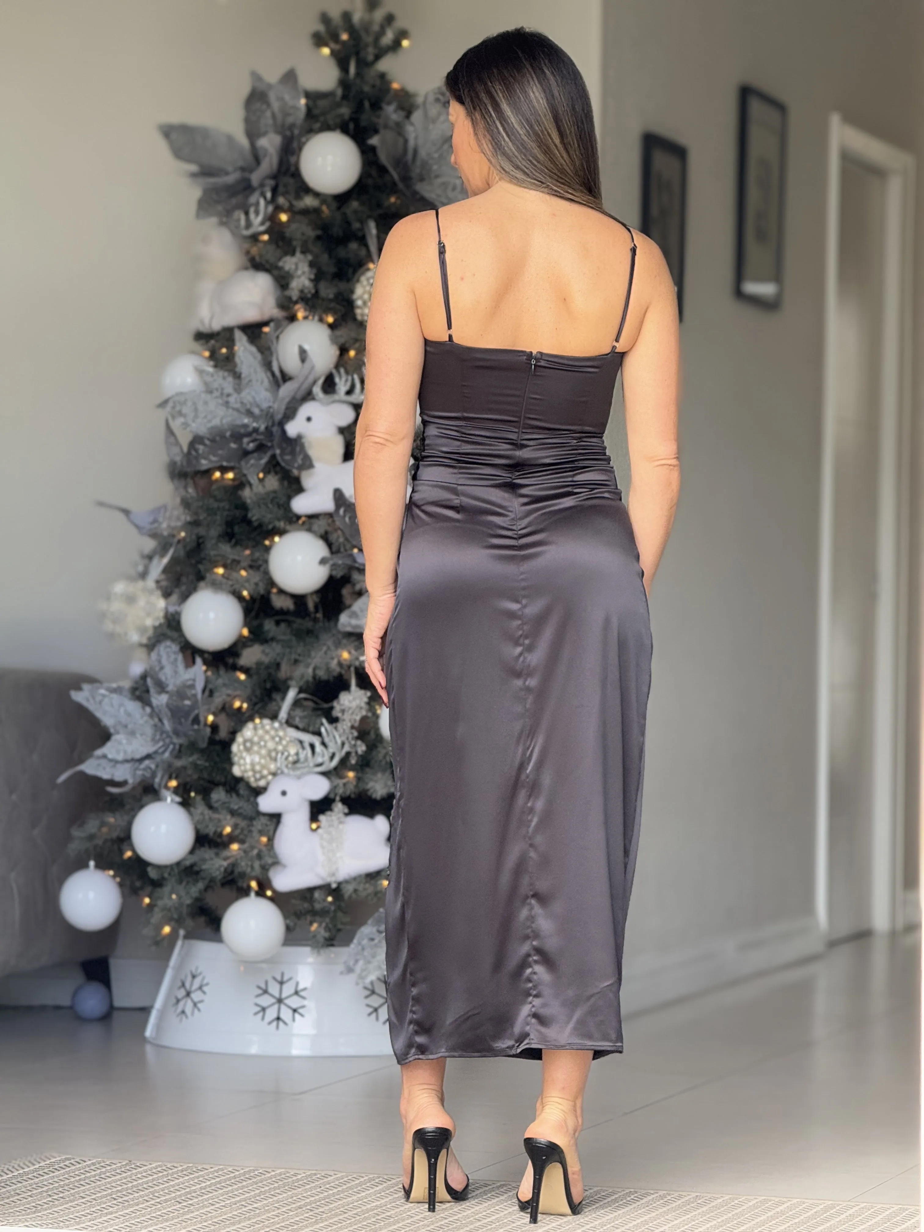 "Synthia" Twist Detail Satin Midi Dress