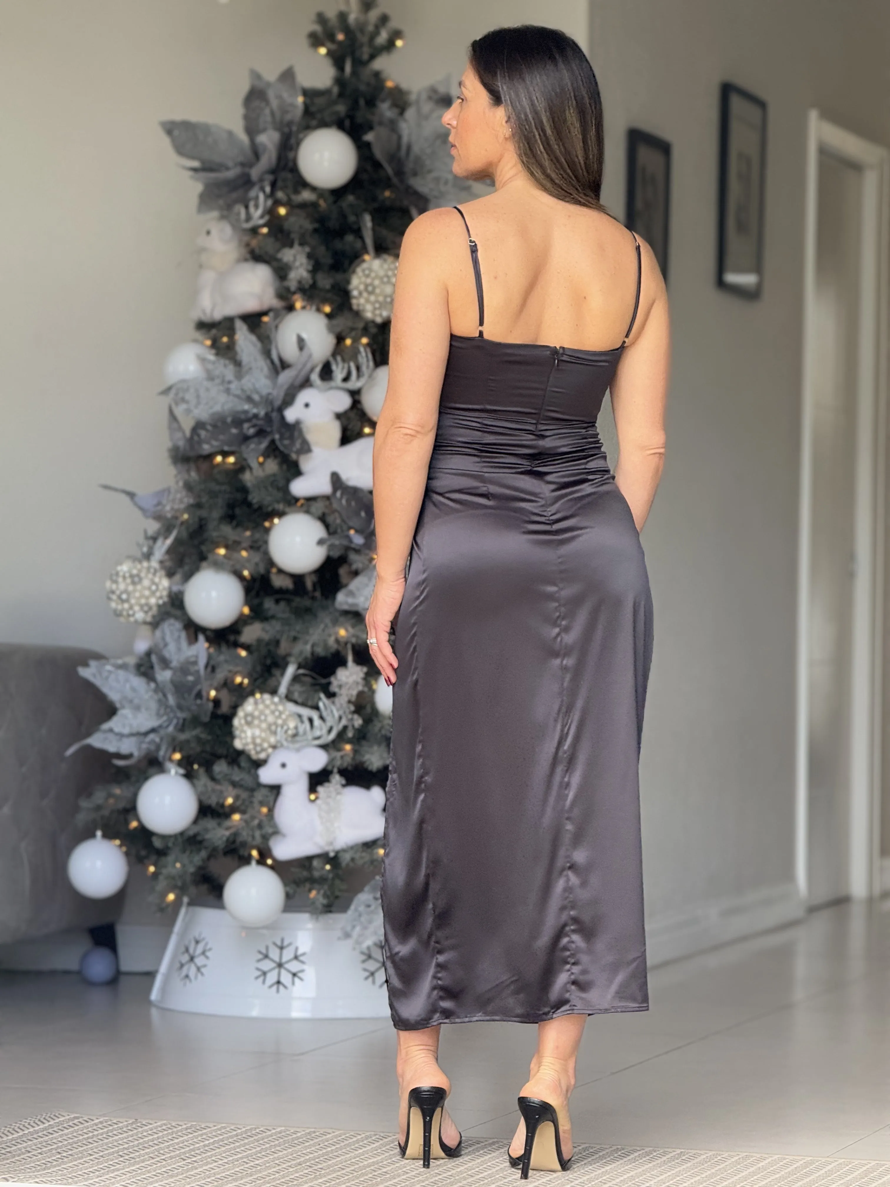 "Synthia" Twist Detail Satin Midi Dress