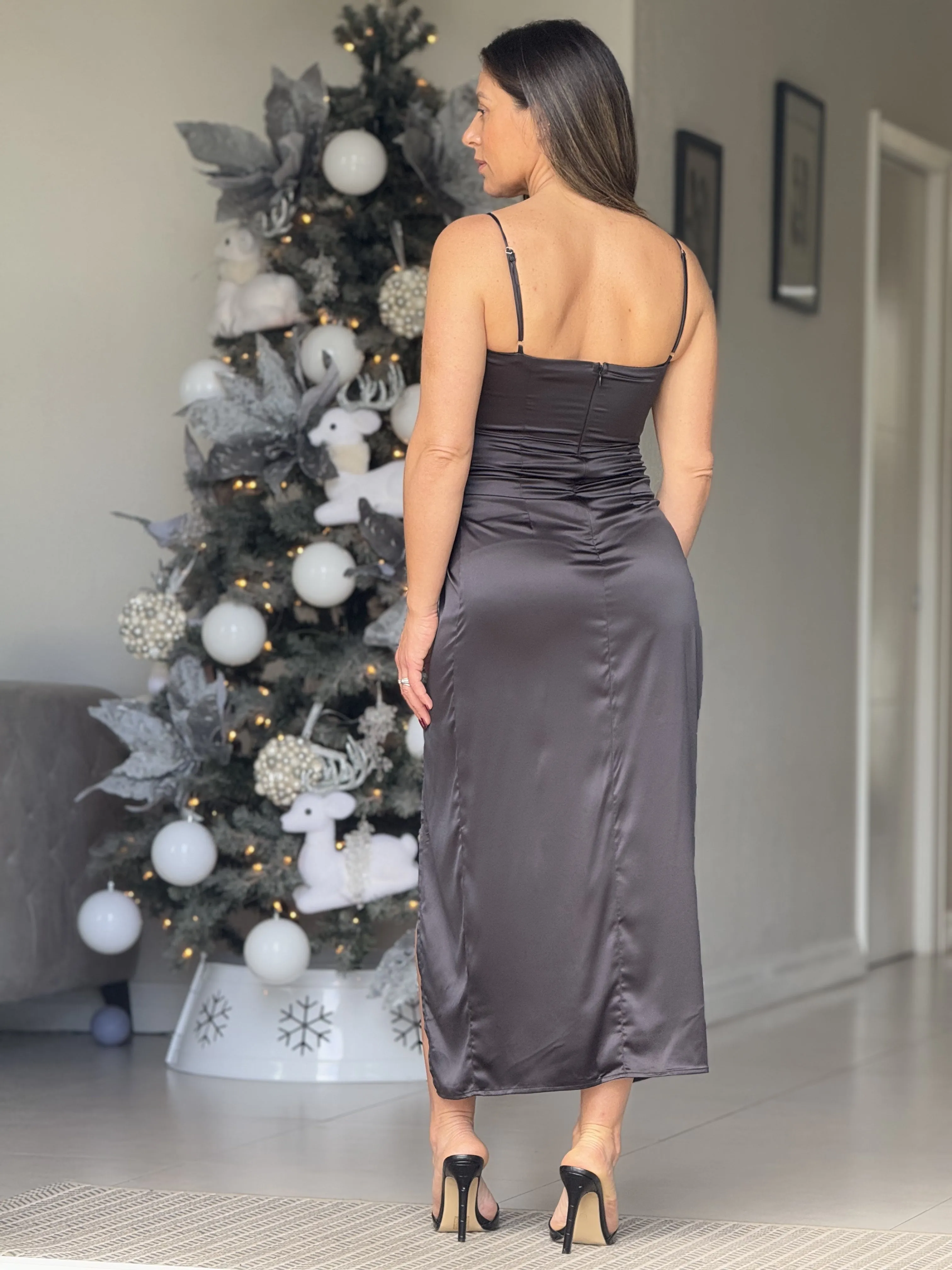 "Synthia" Twist Detail Satin Midi Dress