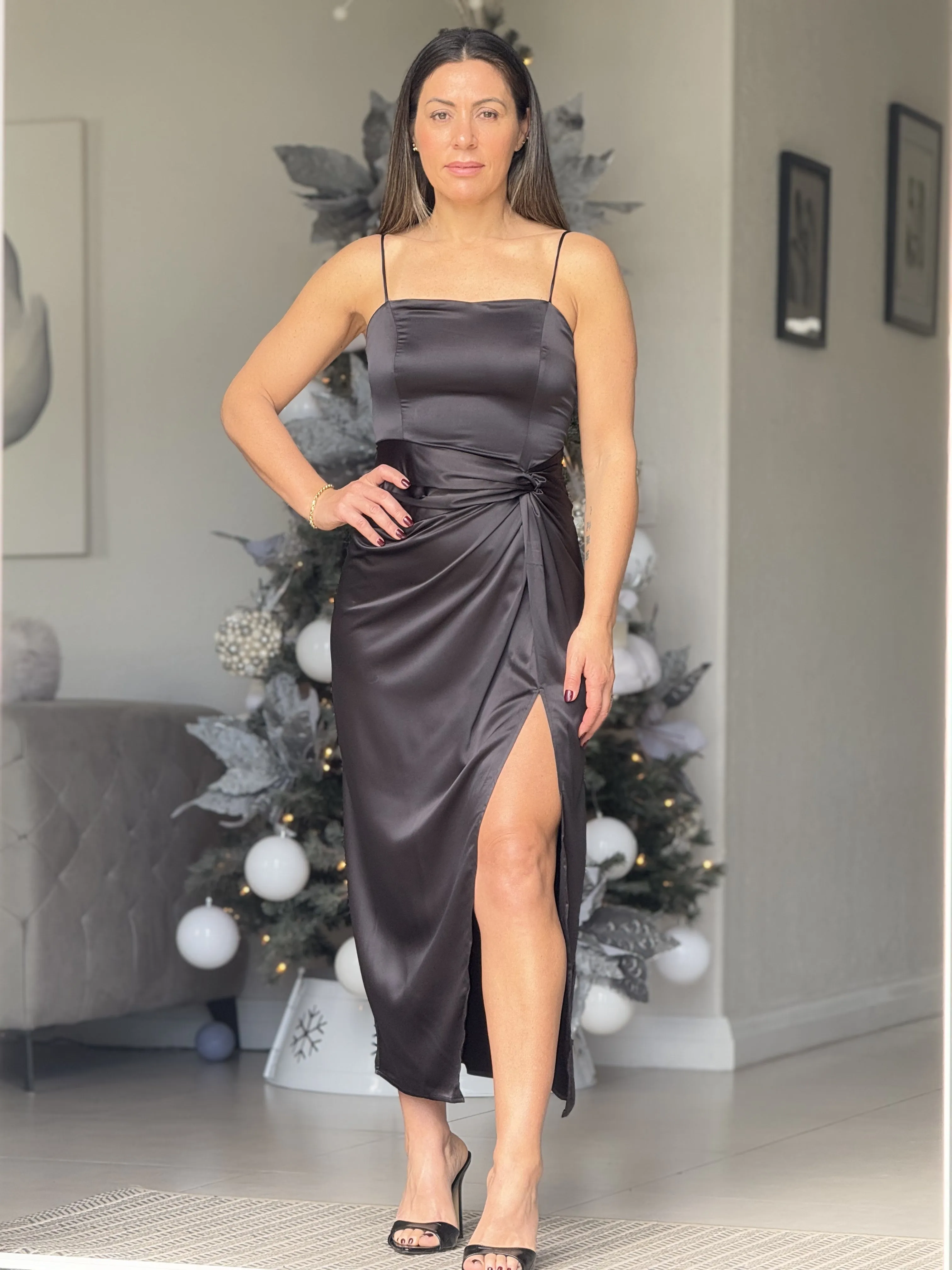 "Synthia" Twist Detail Satin Midi Dress