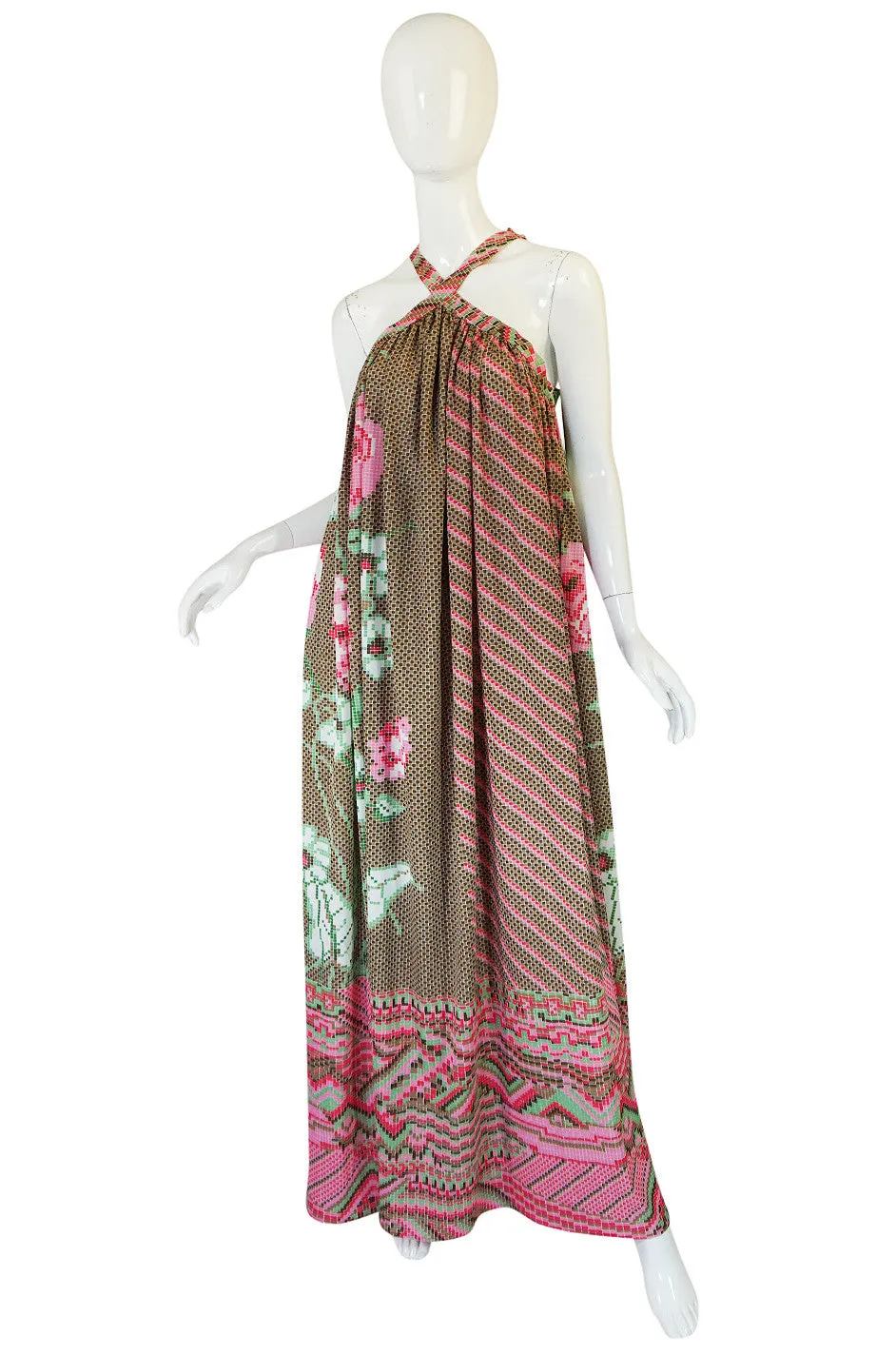 Rare 1970s Yuki Halter Caftan Digital Print Jersey Dress