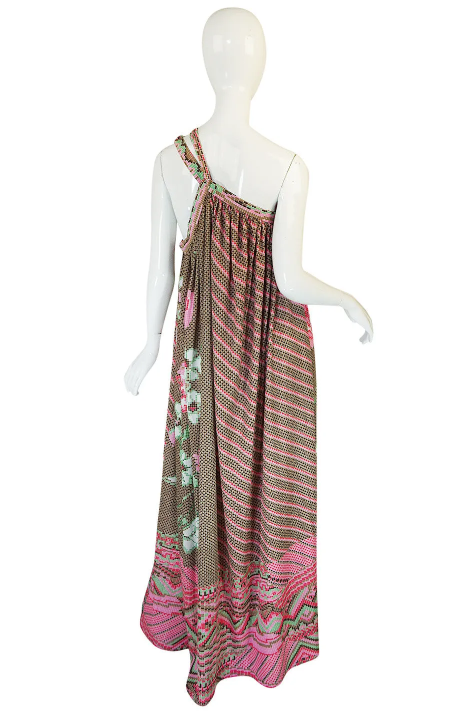 Rare 1970s Yuki Halter Caftan Digital Print Jersey Dress