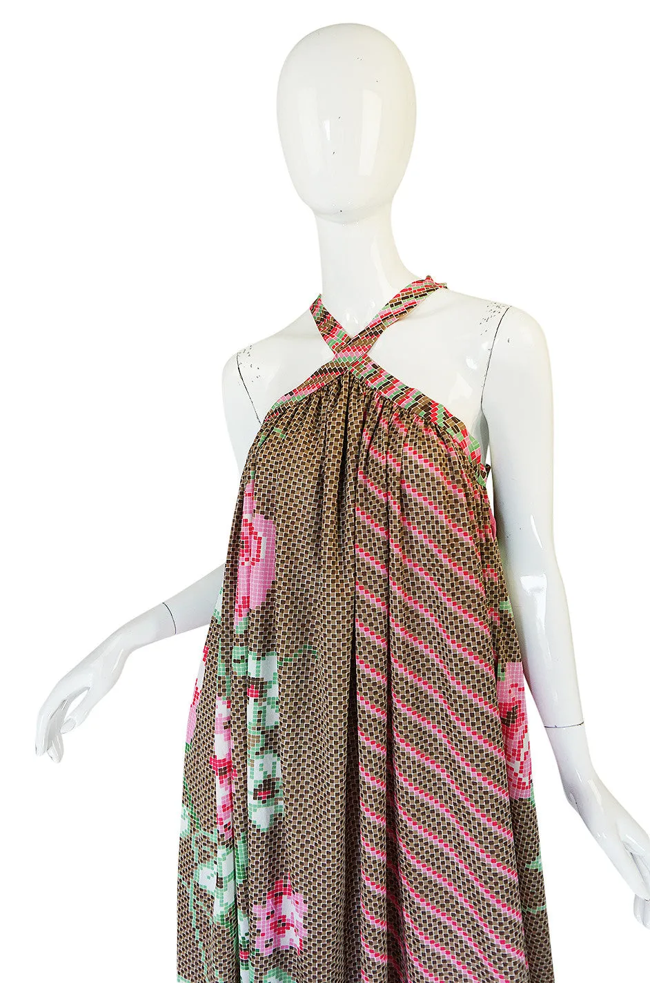 Rare 1970s Yuki Halter Caftan Digital Print Jersey Dress