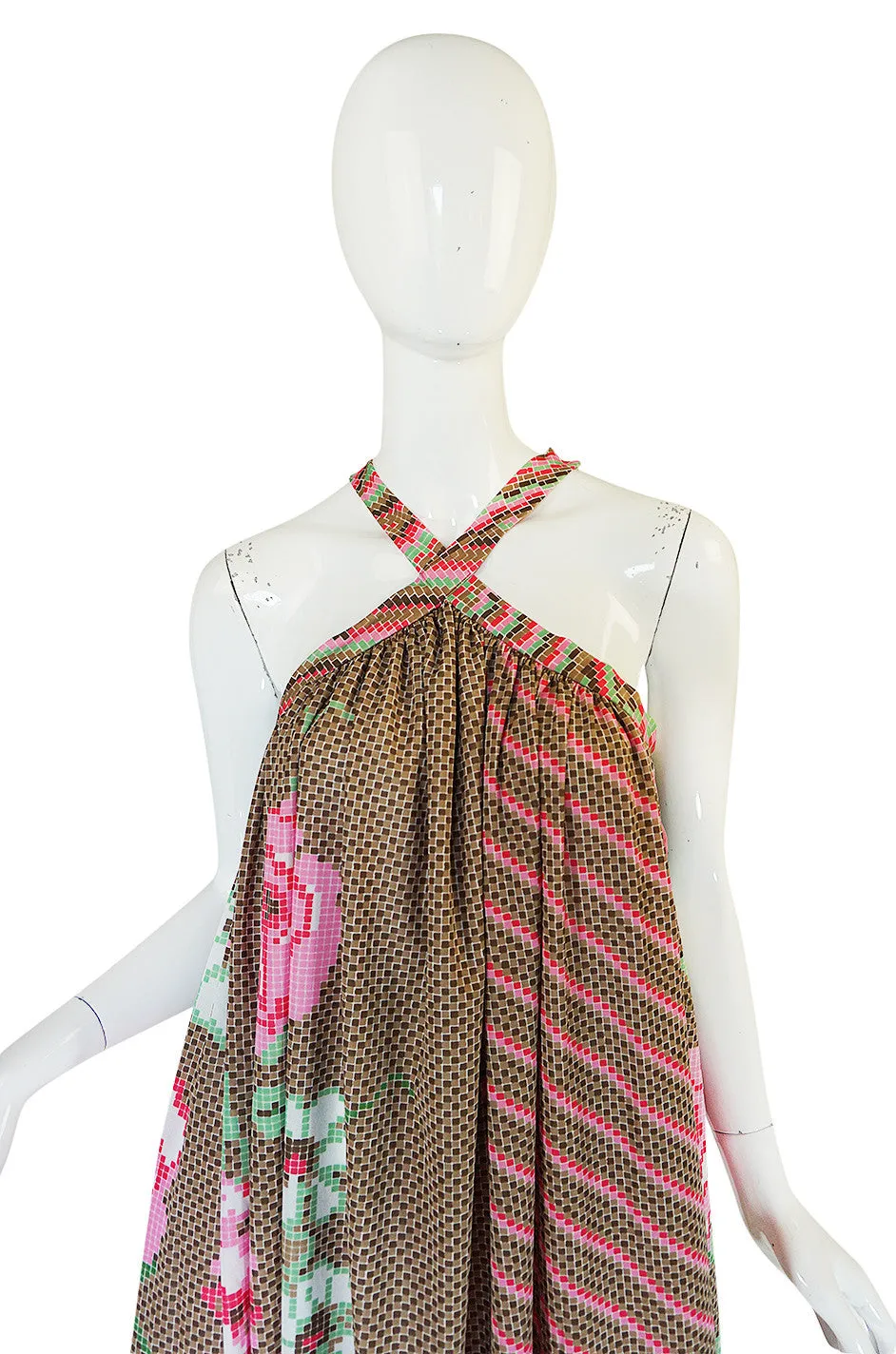 Rare 1970s Yuki Halter Caftan Digital Print Jersey Dress