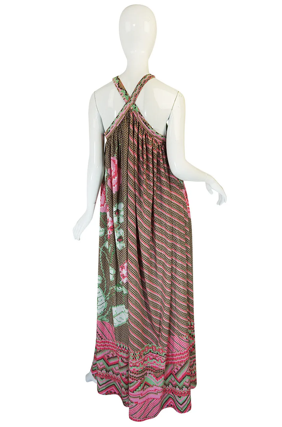 Rare 1970s Yuki Halter Caftan Digital Print Jersey Dress