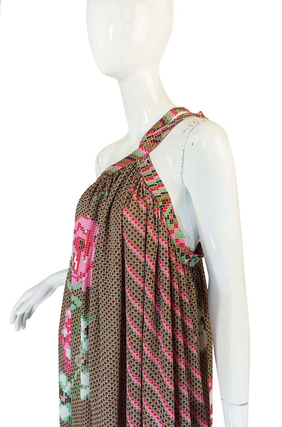 Rare 1970s Yuki Halter Caftan Digital Print Jersey Dress
