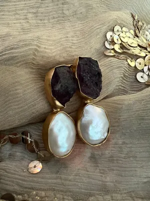 Raw Amethyst Baroque Pearls Studs