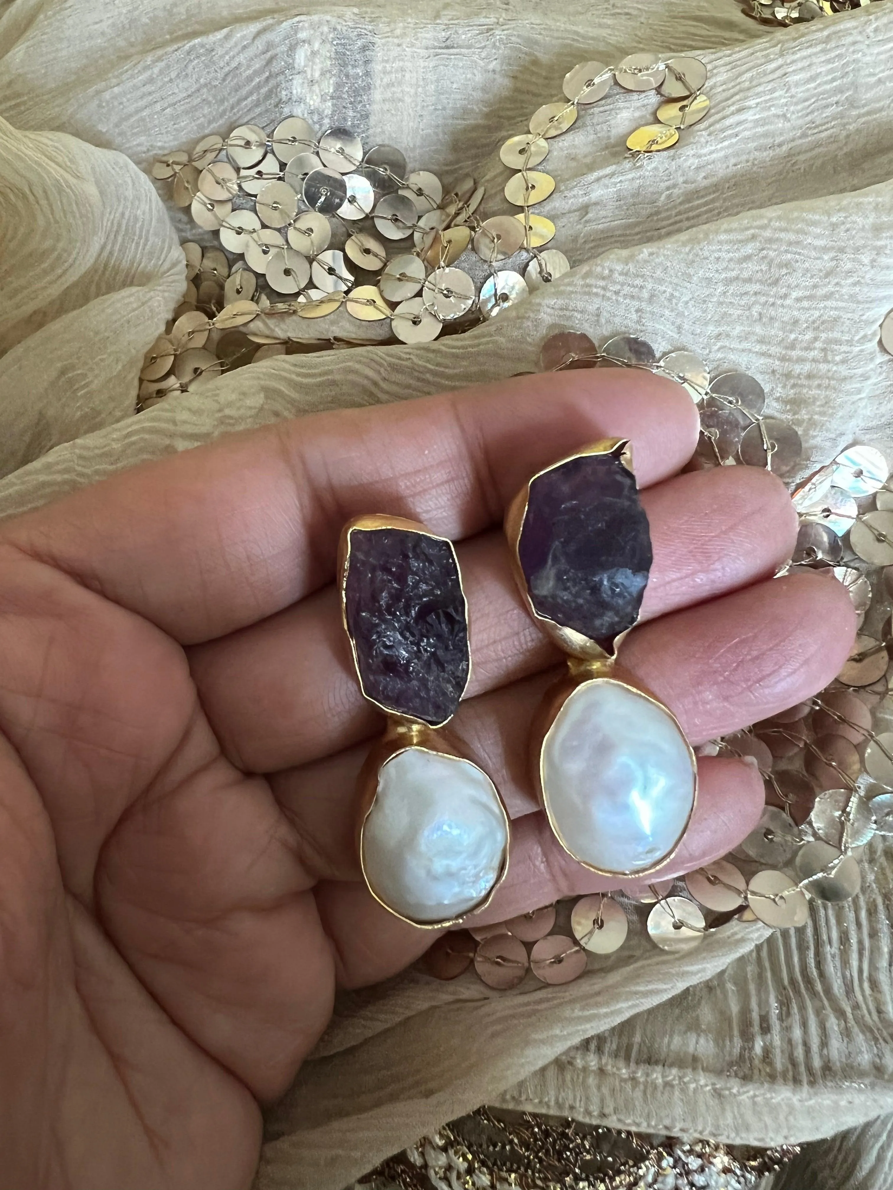 Raw Amethyst Baroque Pearls Studs