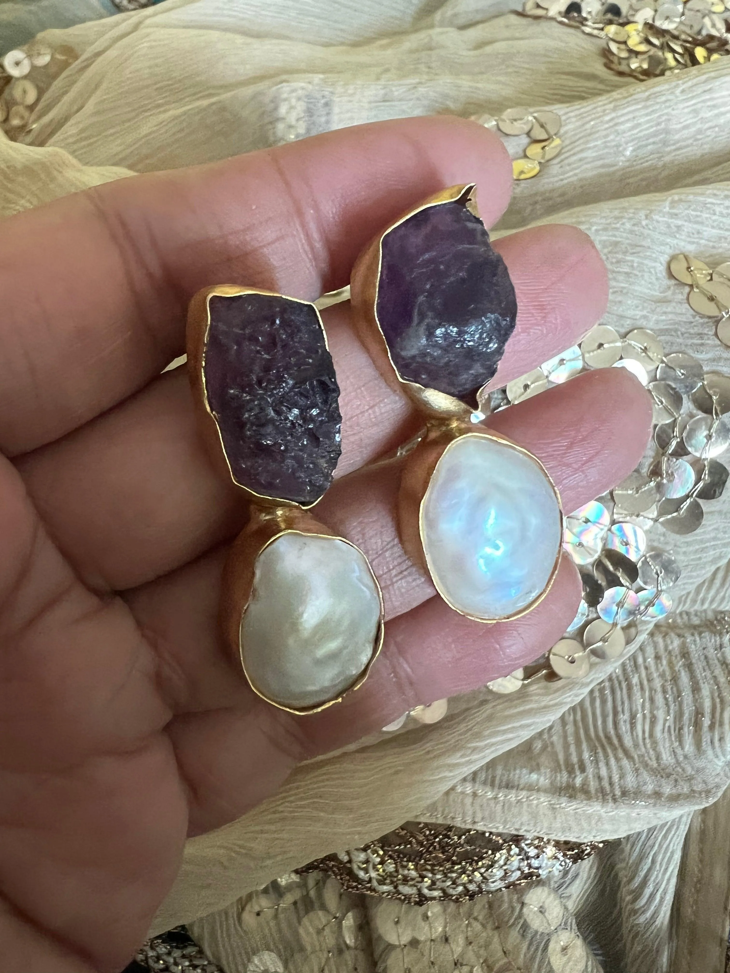 Raw Amethyst Baroque Pearls Studs
