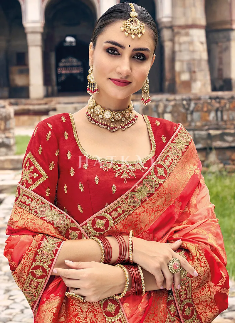 Red And Orange Designer Wedding Saree