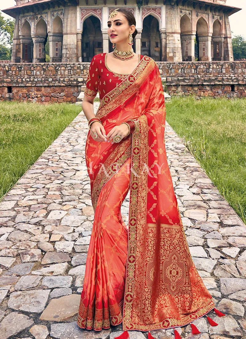 Red And Orange Designer Wedding Saree
