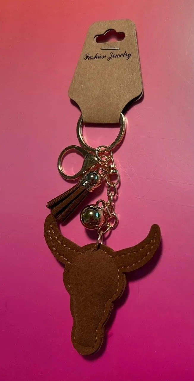 Rhinestone Brown and White Steer Head Keychain