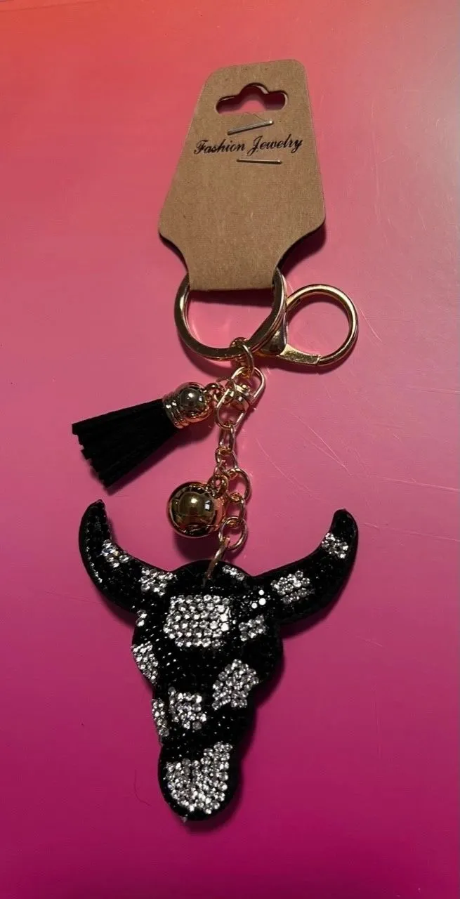 Rhinestone Brown and White Steer Head Keychain