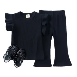 Ribbed Ruffle Co-Ord Set - Black