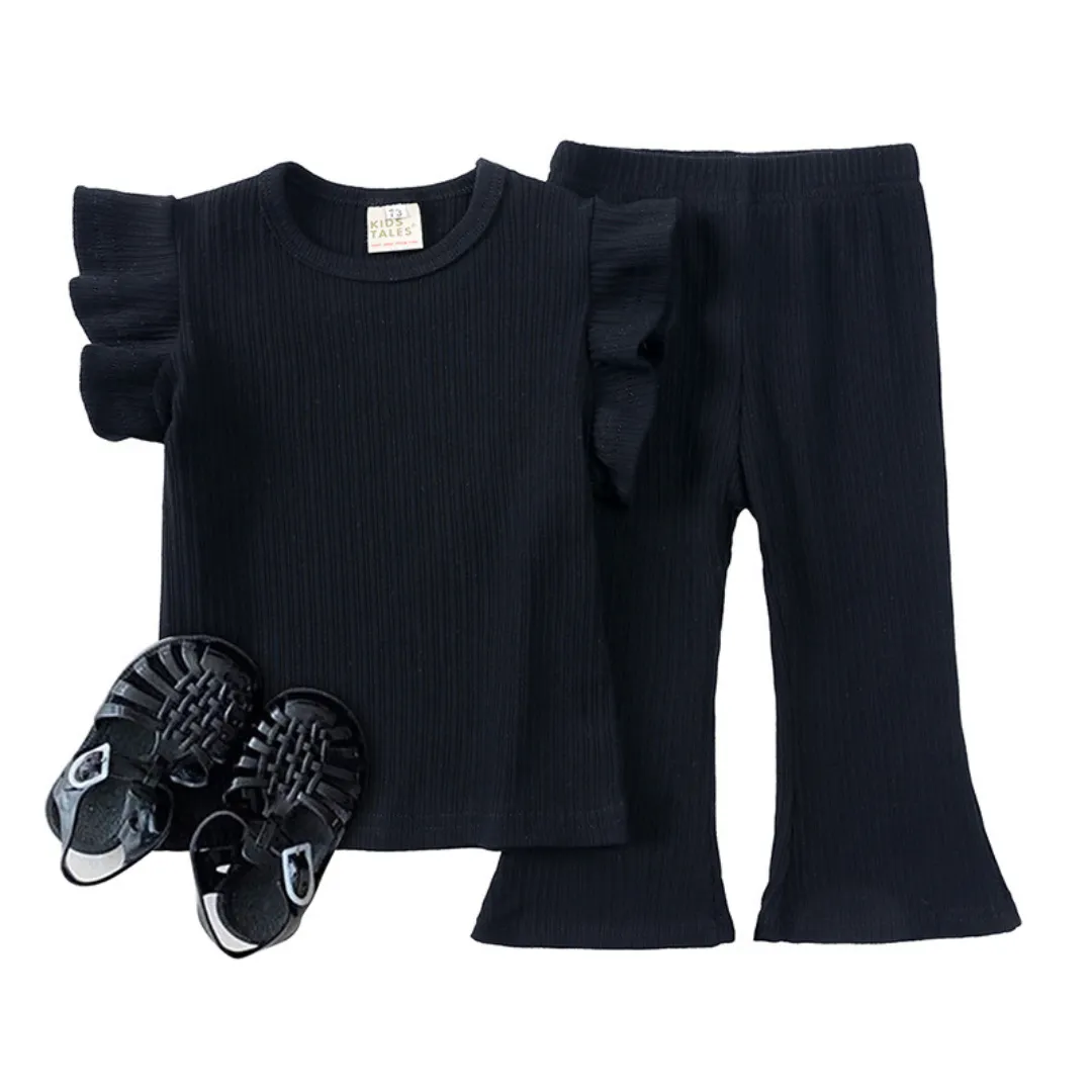 Ribbed Ruffle Co-Ord Set - Black