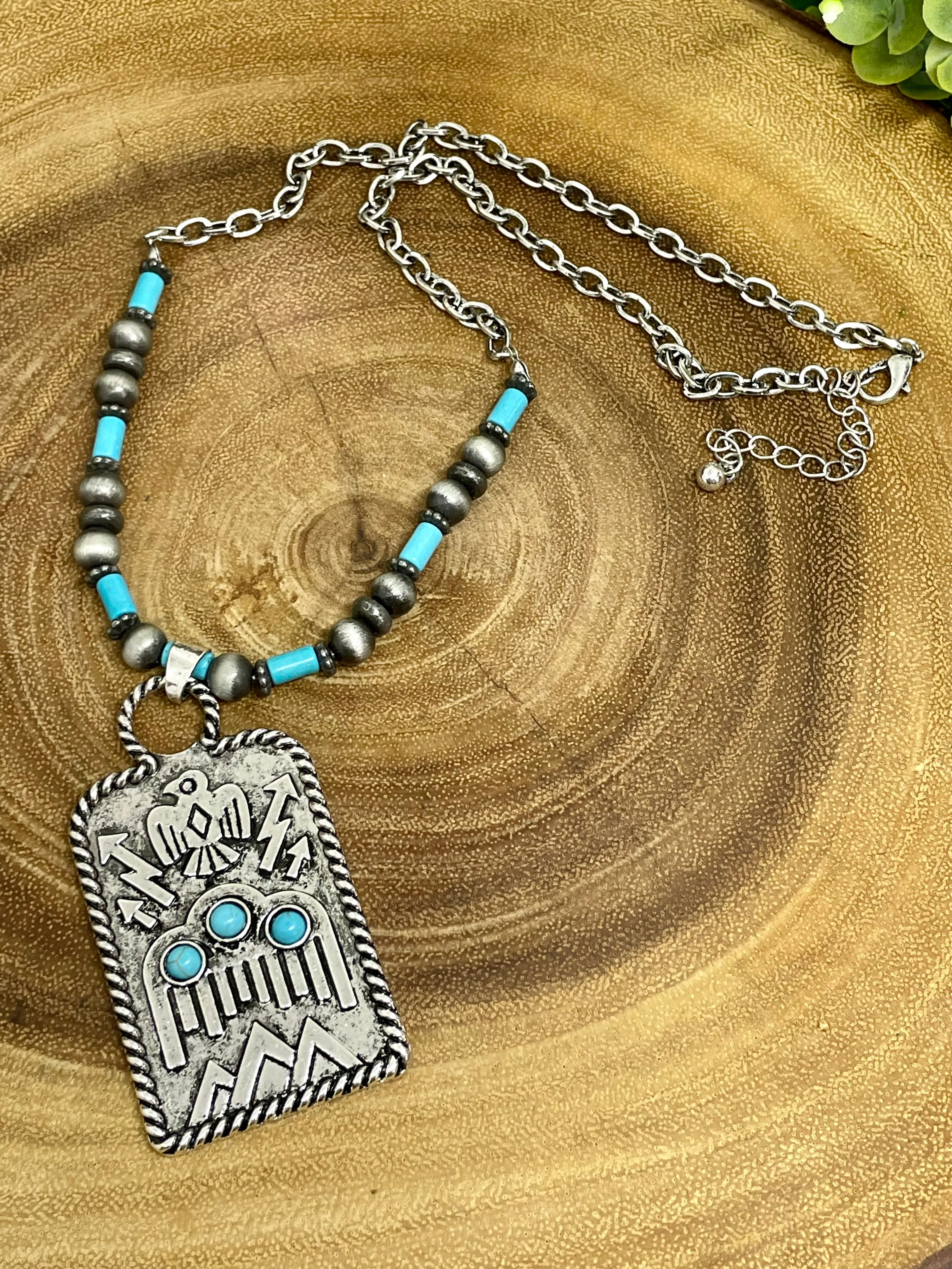 Roper Lake Fashion Chain, Navajo & Turquoise Necklace with Stamped Thunderbird Tag Pendant