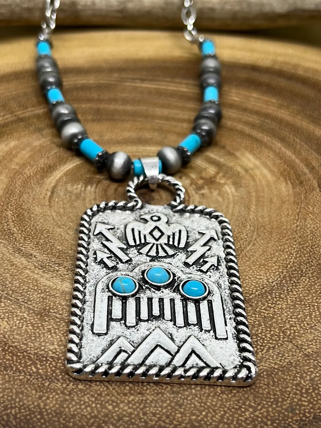 Roper Lake Fashion Chain, Navajo & Turquoise Necklace with Stamped Thunderbird Tag Pendant