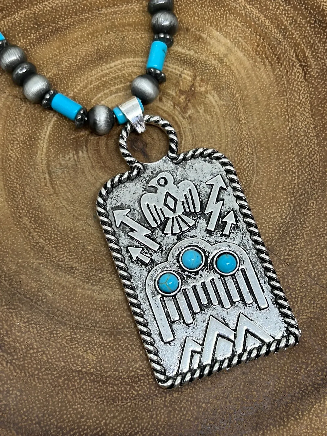 Roper Lake Fashion Chain, Navajo & Turquoise Necklace with Stamped Thunderbird Tag Pendant