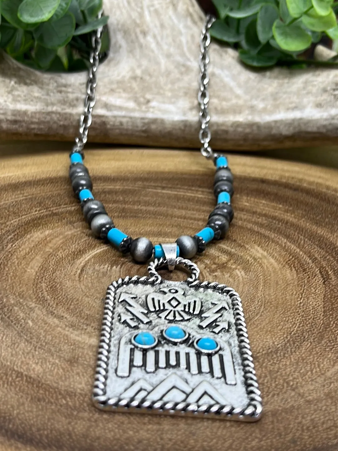 Roper Lake Fashion Chain, Navajo & Turquoise Necklace with Stamped Thunderbird Tag Pendant