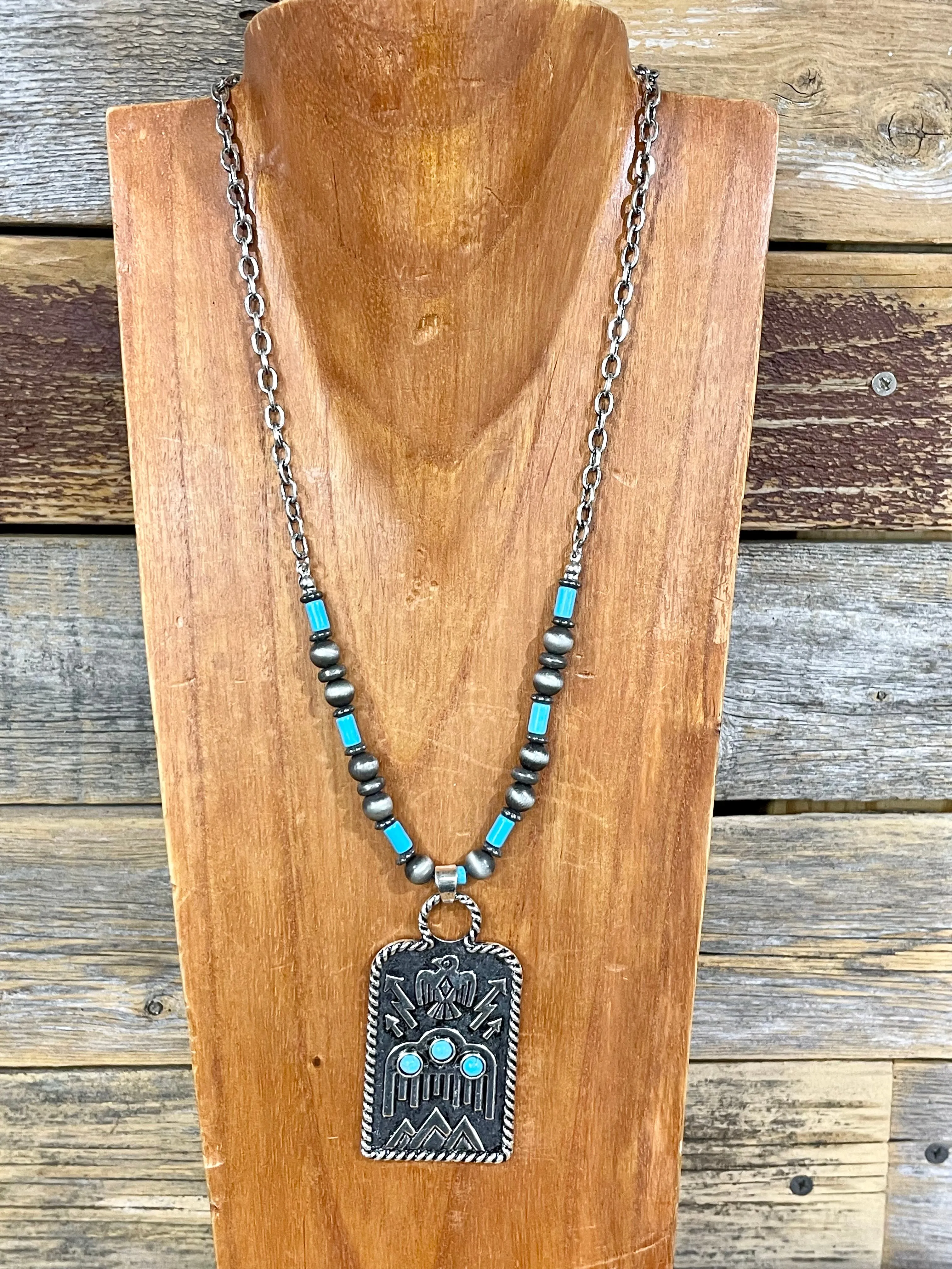 Roper Lake Fashion Chain, Navajo & Turquoise Necklace with Stamped Thunderbird Tag Pendant