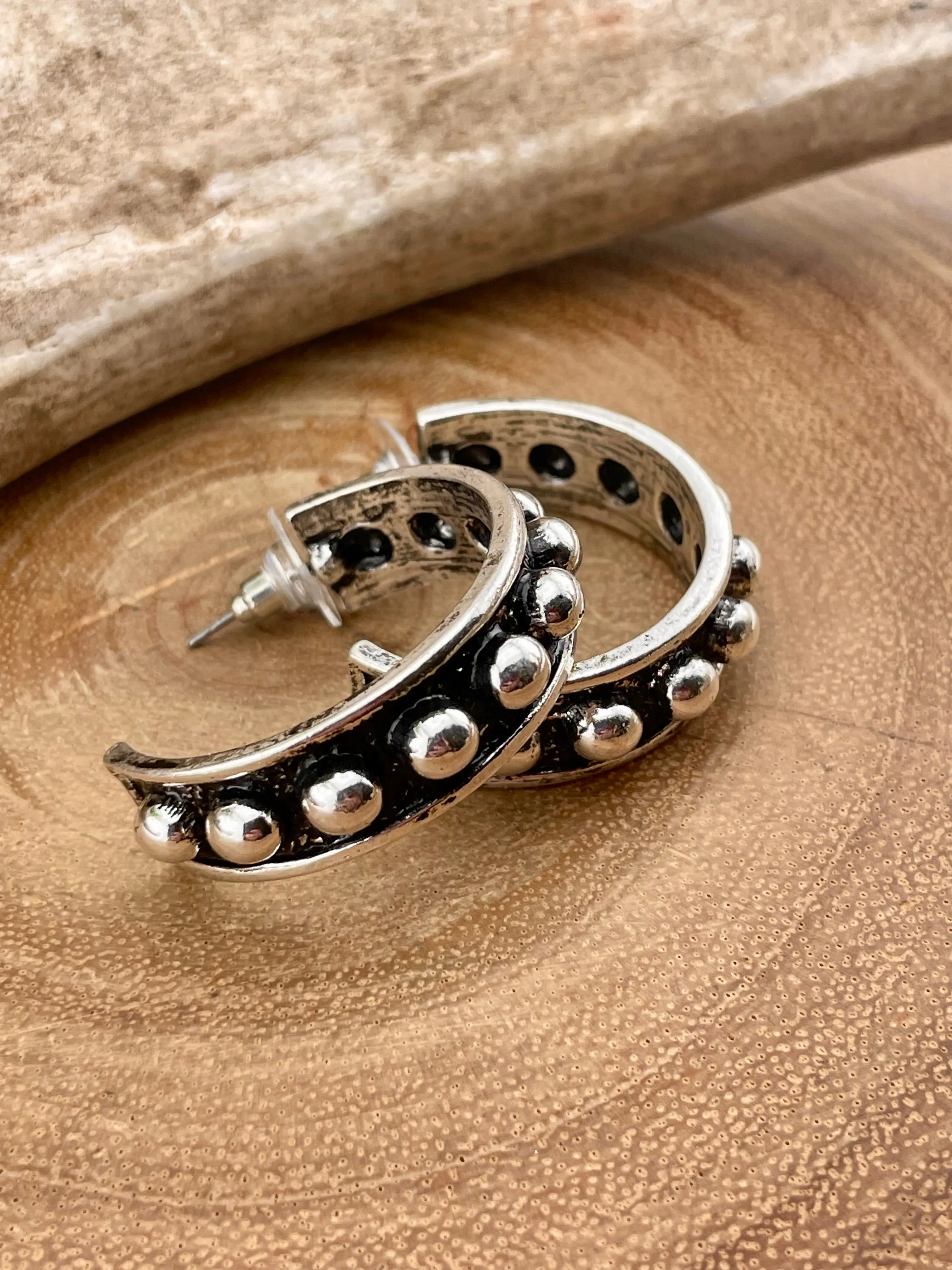 Rosa Fashion Silver Studded Hoop Earrings - 1.25"