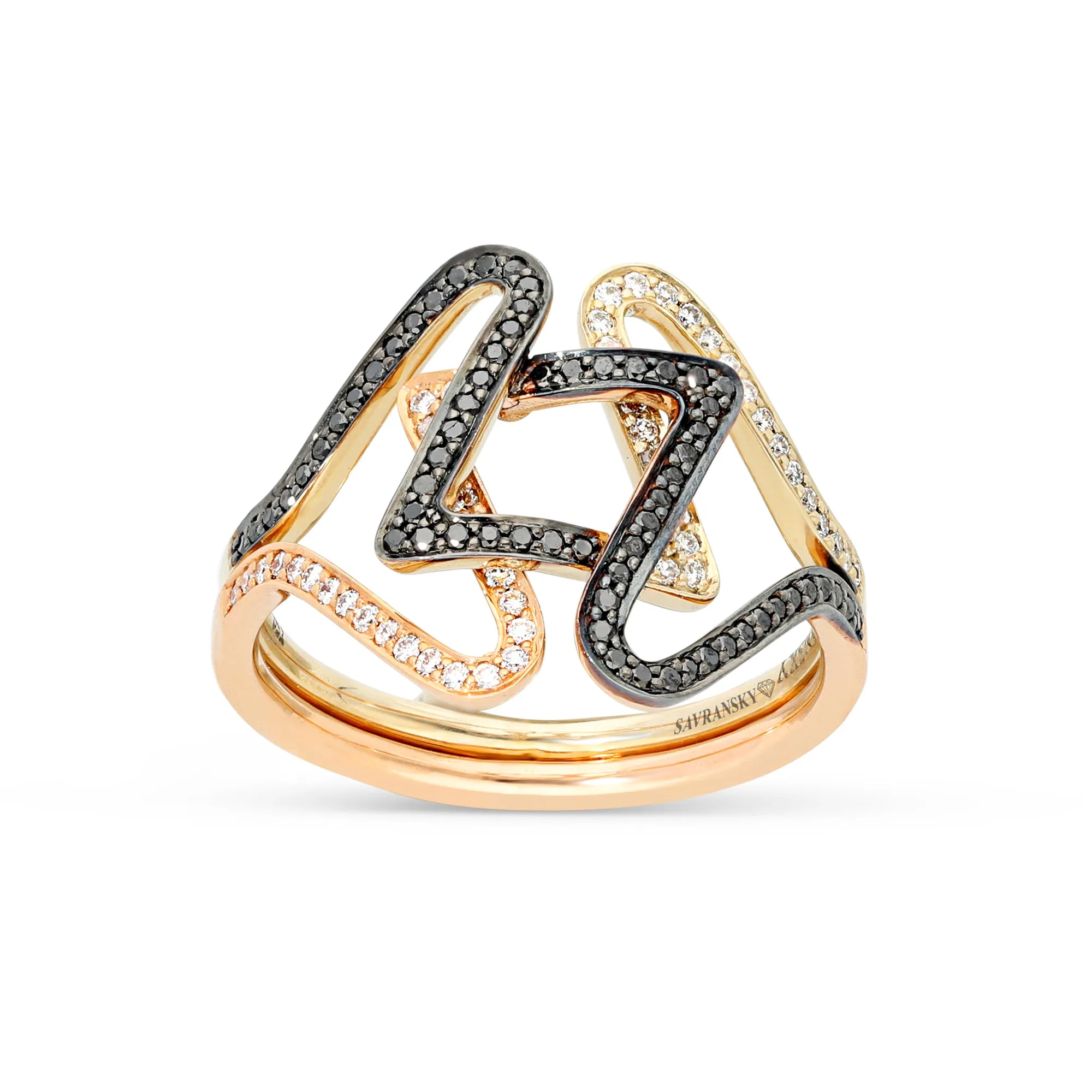 Rose Gold White and Black Diamond Intertwined Star of David Ring