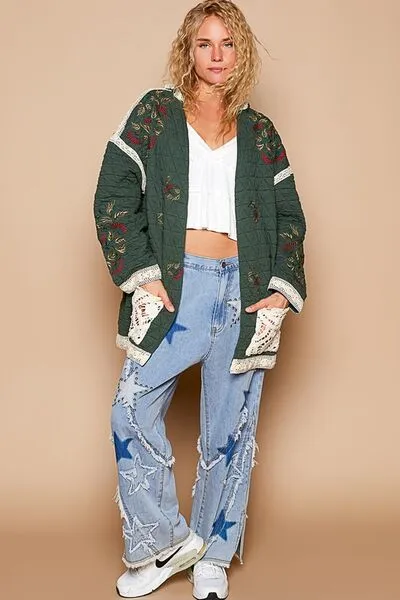 Runway Chic Embroidered Quilted Jacket with Crochet Pockets