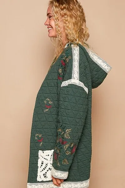 Runway Chic Embroidered Quilted Jacket with Crochet Pockets