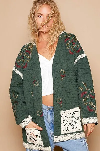 Runway Chic Embroidered Quilted Jacket with Crochet Pockets