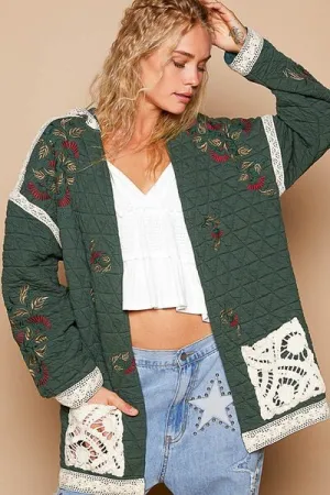 Runway Chic Embroidered Quilted Jacket with Crochet Pockets