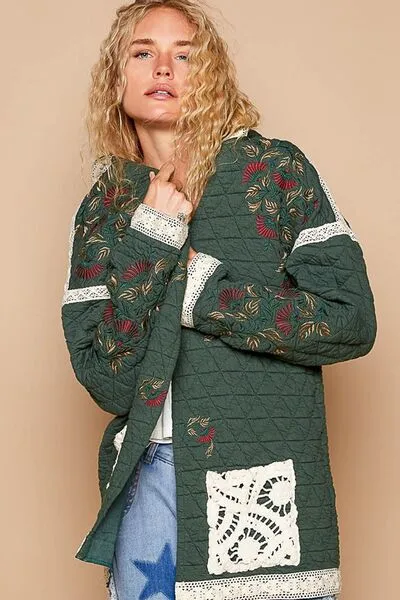Runway Chic Embroidered Quilted Jacket with Crochet Pockets