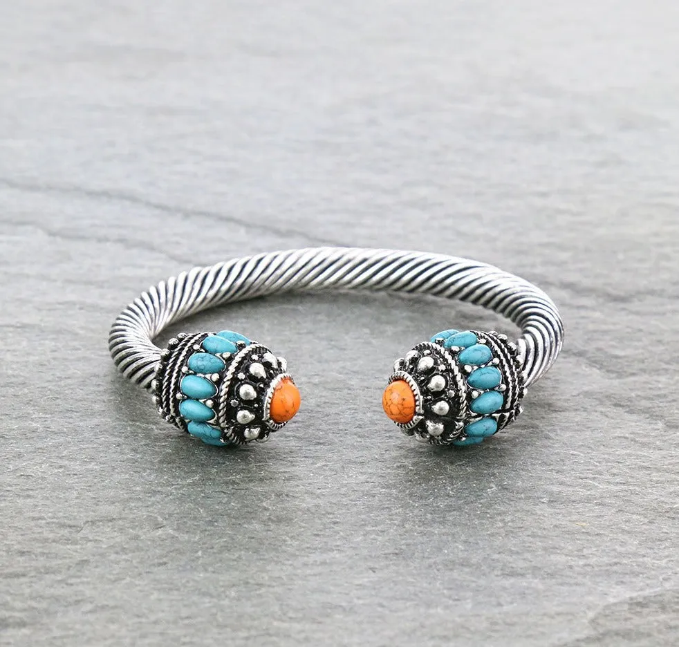 Ryne Fashion Silver Twist Cuff Bracelet With Stone Ends