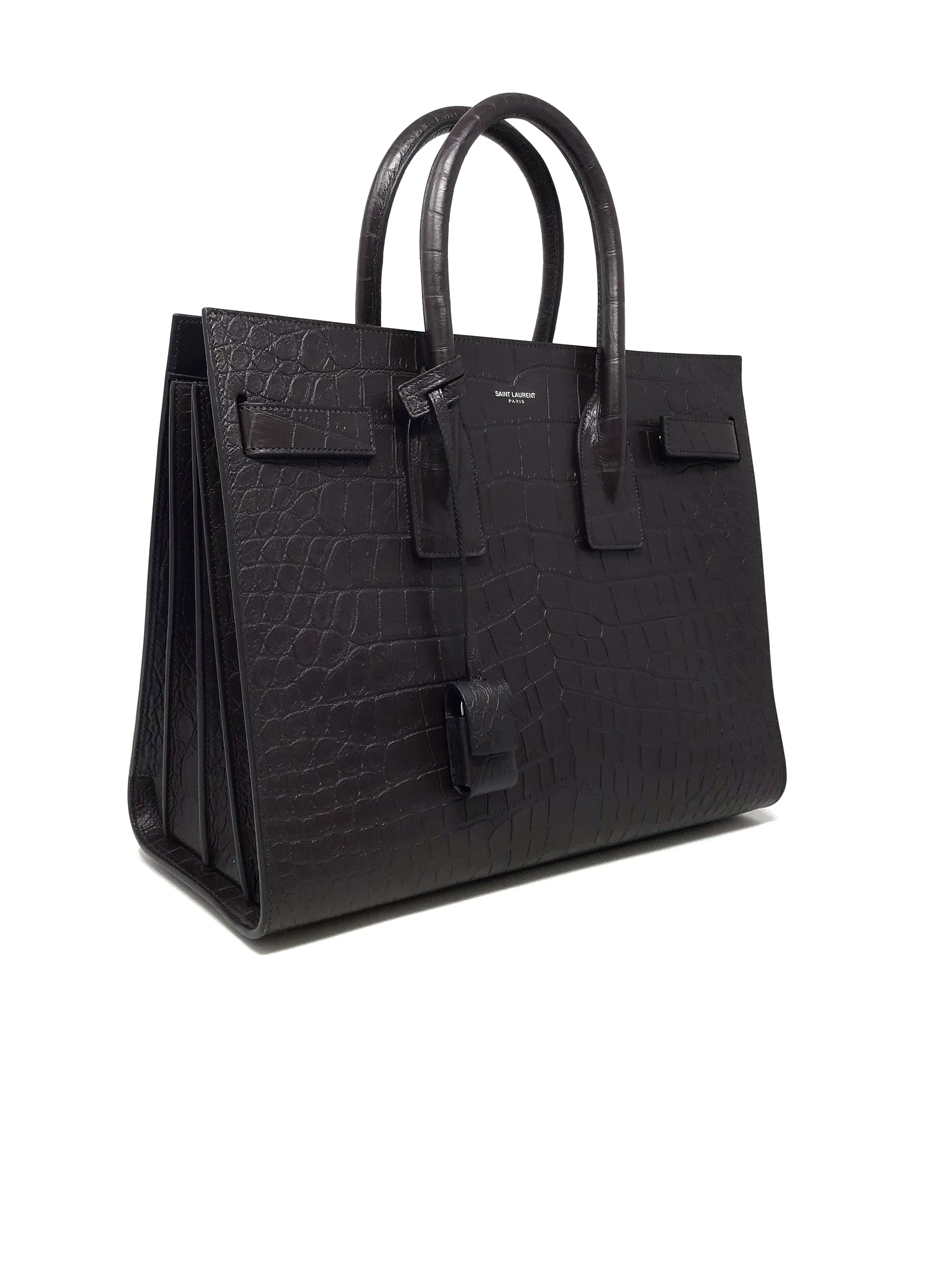 Saint Laurent Brown 'Sac De Jour' SM Embossed Croc Tote W/Strap