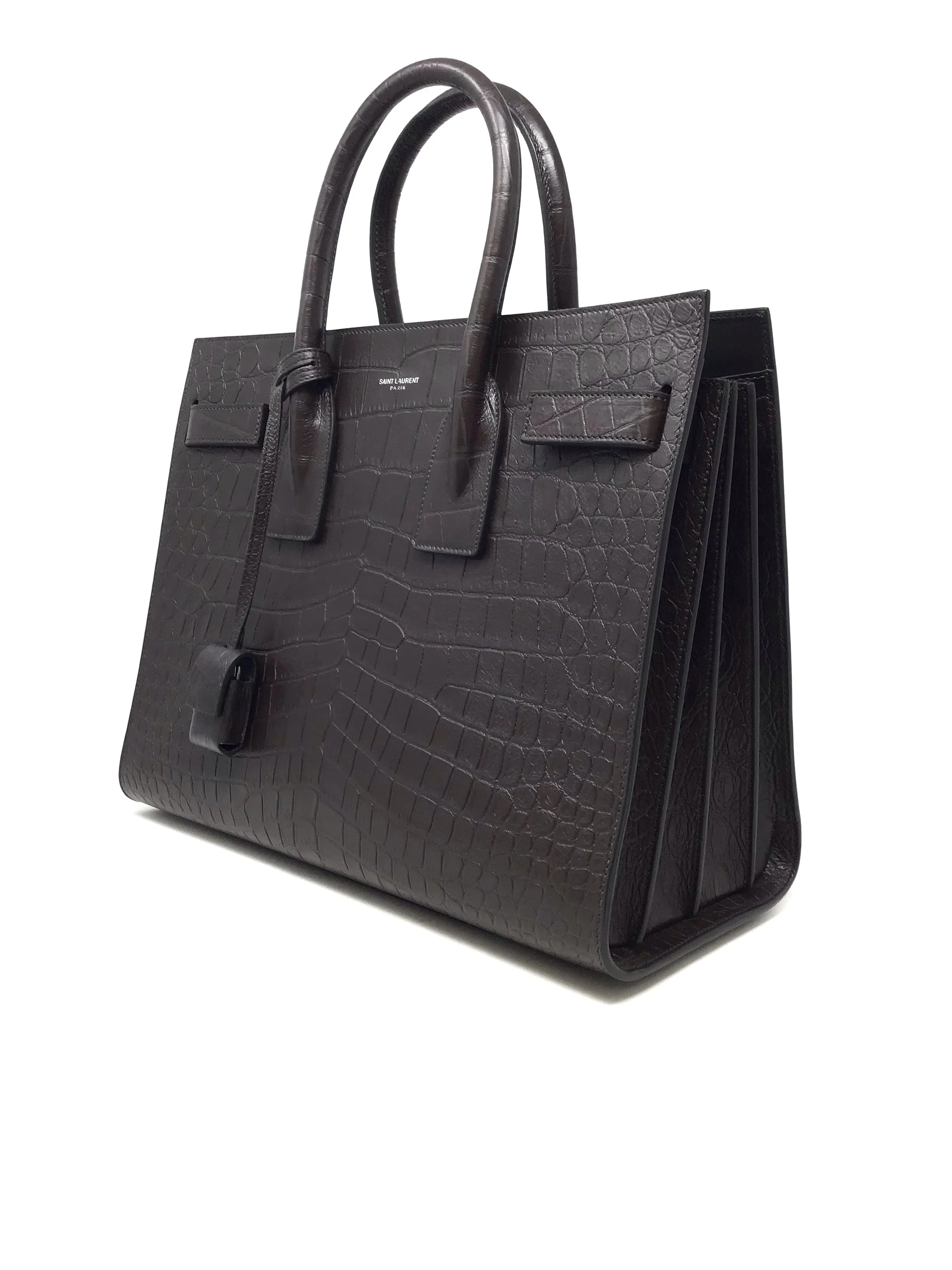 Saint Laurent Brown 'Sac De Jour' SM Embossed Croc Tote W/Strap