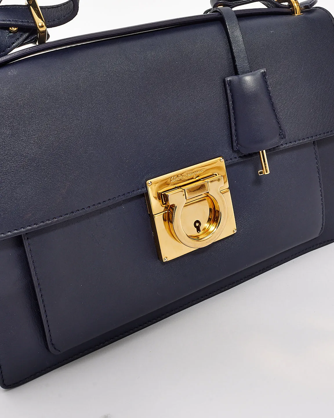 Salvatore Ferragamo Navy Blue Smooth Calfskin Leather Gancini Marisol Satchel