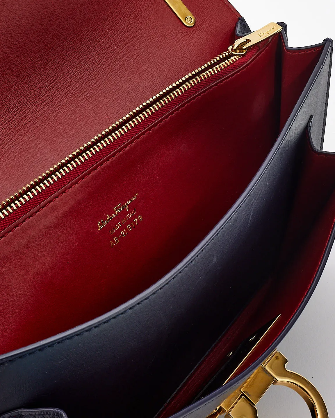 Salvatore Ferragamo Navy Blue Smooth Calfskin Leather Gancini Marisol Satchel