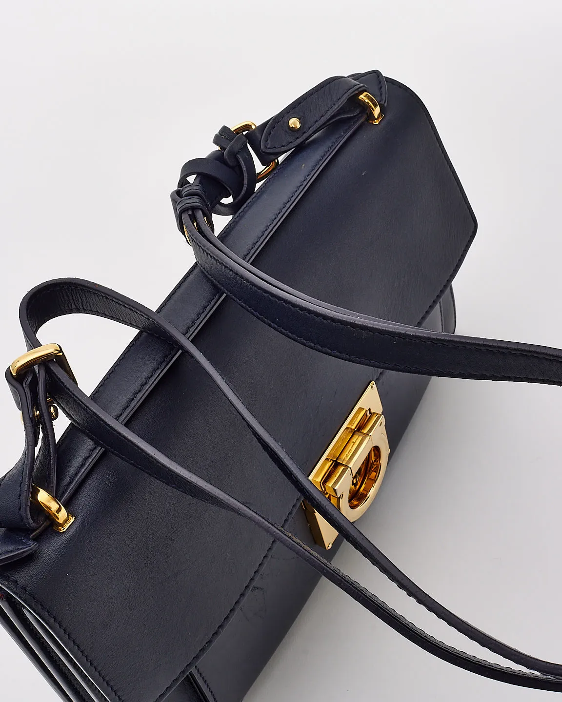 Salvatore Ferragamo Navy Blue Smooth Calfskin Leather Gancini Marisol Satchel