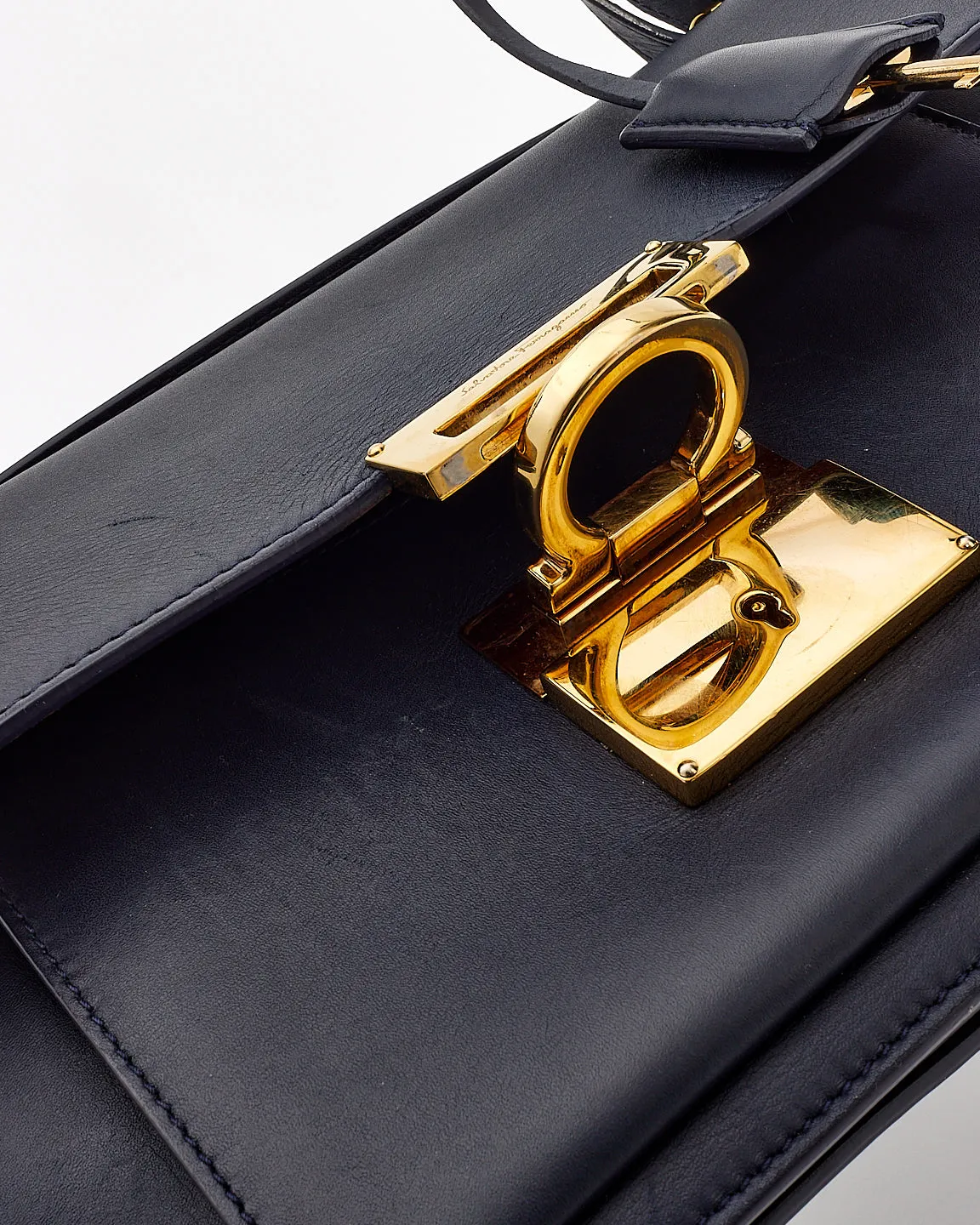 Salvatore Ferragamo Navy Blue Smooth Calfskin Leather Gancini Marisol Satchel